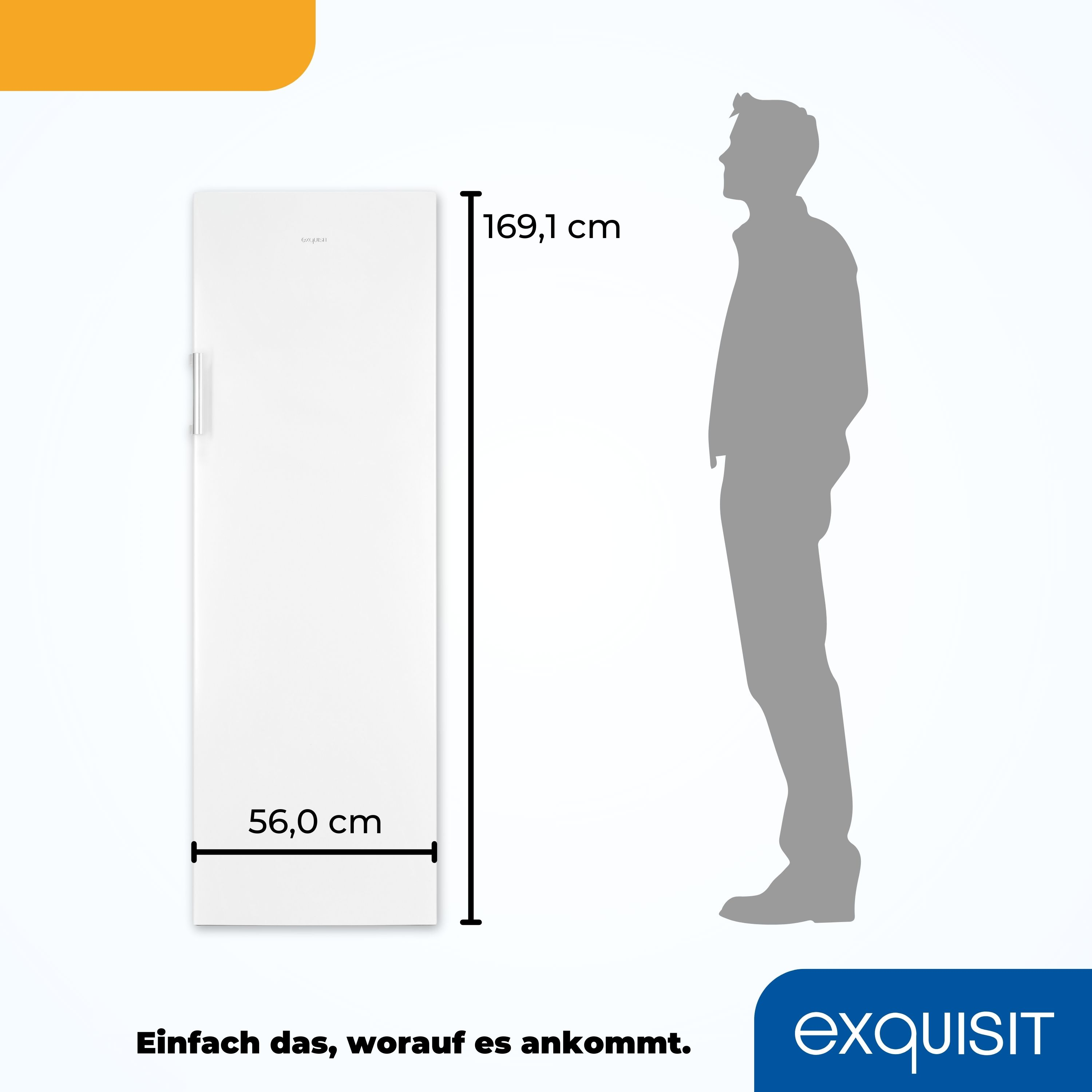 Weißer Kühlschrank mit Maßangaben, neben einer Personensilhouette. Text unten.