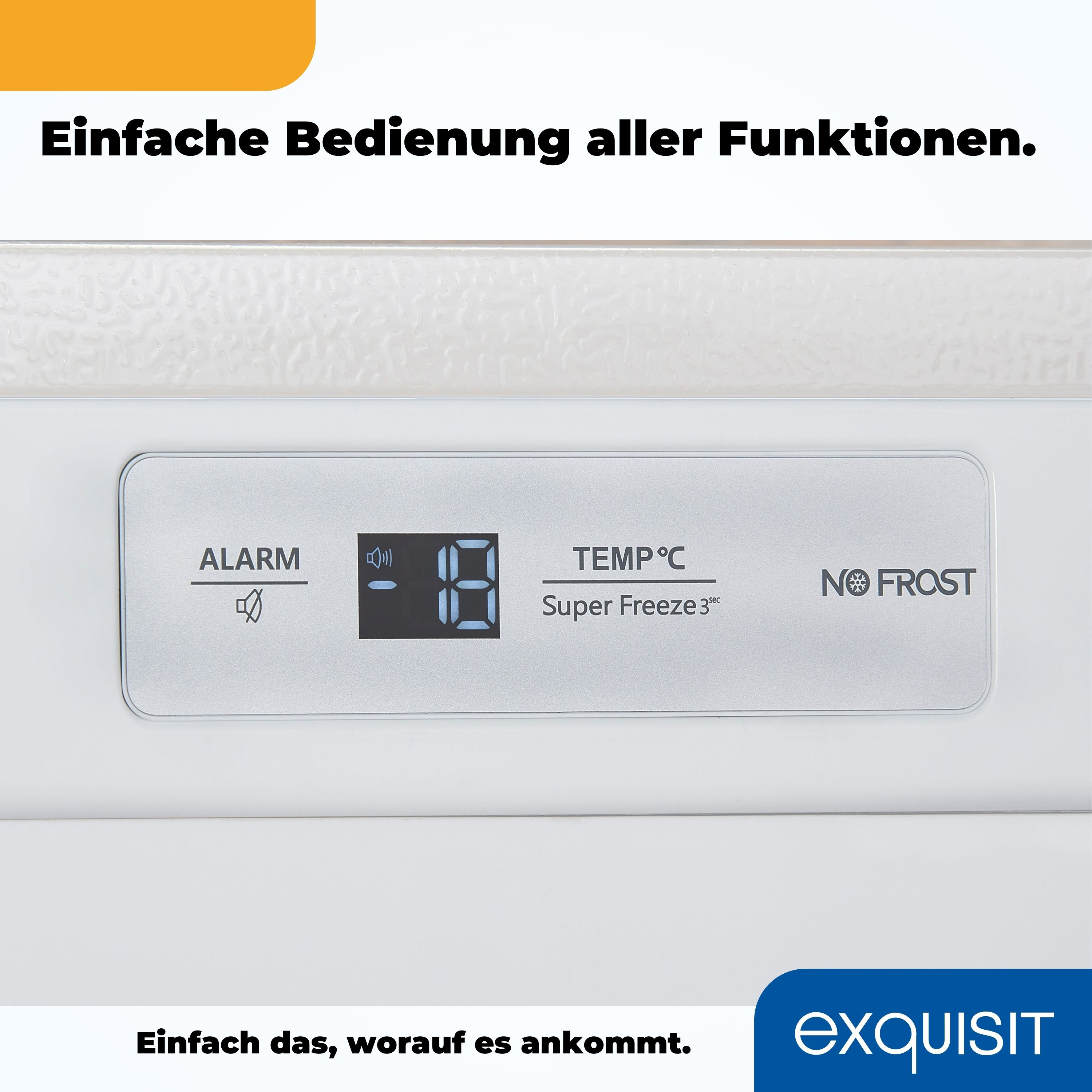 Kühlschrank-Bedienfeld mit Temperatur und Einstellungen. Text oben und unten.