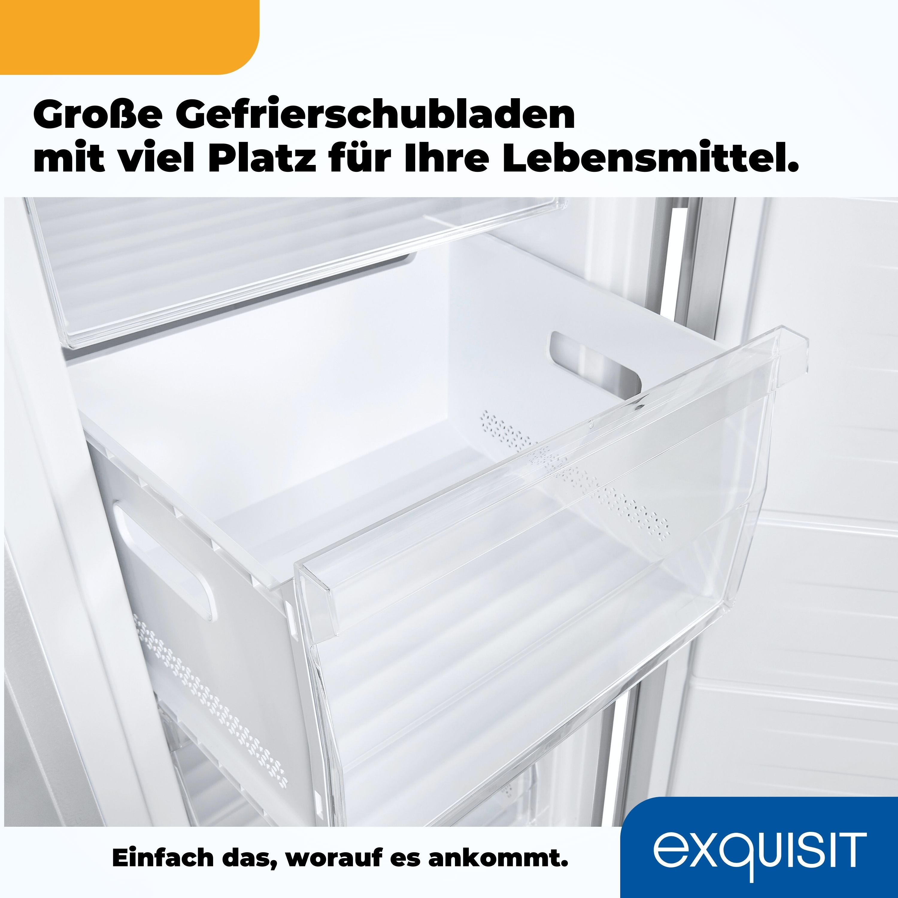 Nahaufnahme einer großen Gefrierschublade. Die Schublade ist weiß und hat eine transparente Front.
