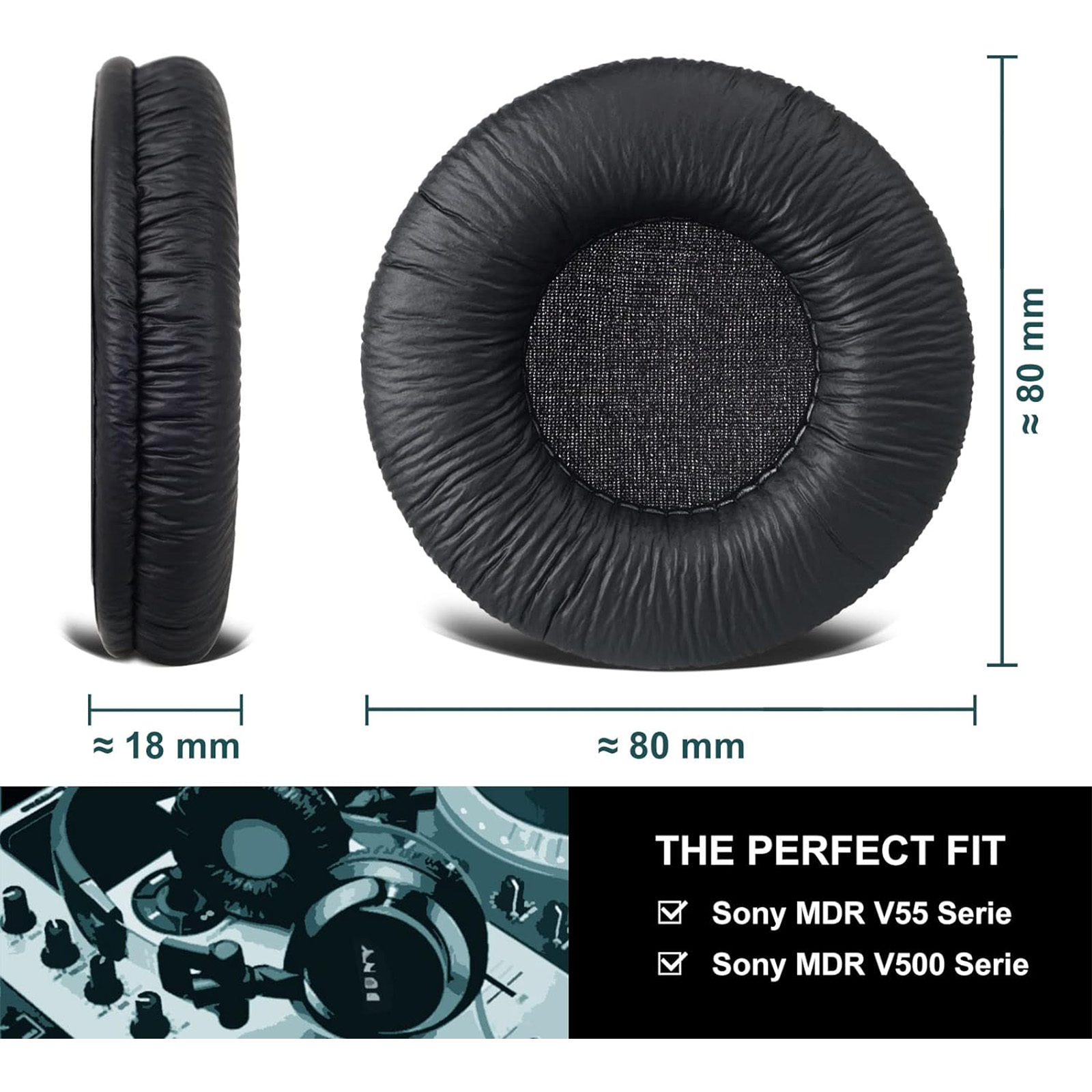 Schwarze Kopfhörer-Ohrpolster, Seiten- und Draufsicht, Abmessungen und Text 'THE PERFECT FIT'.