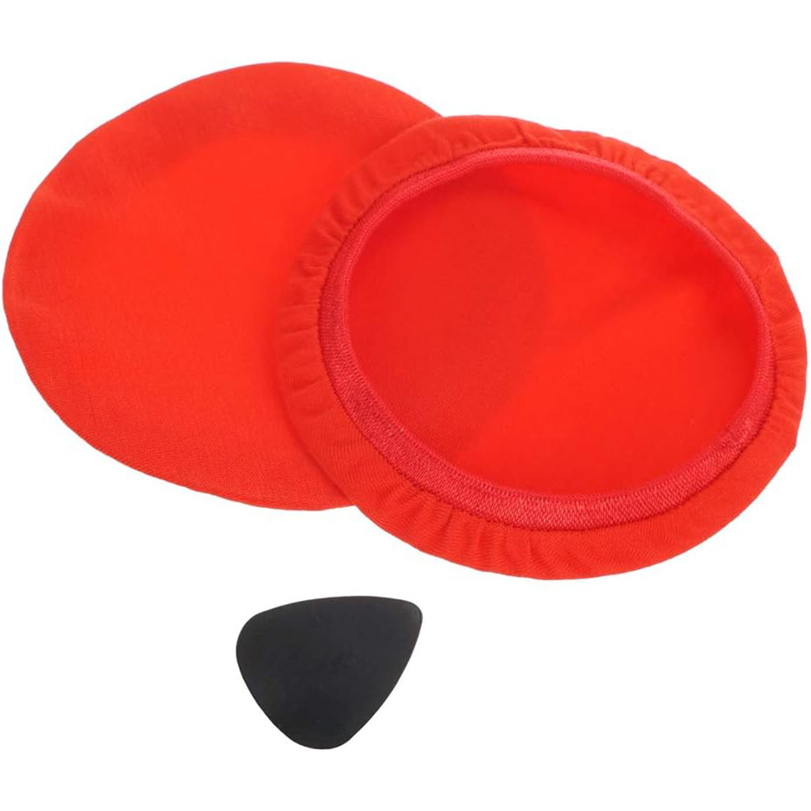 Zwei orangefarbene Ohrpolster und ein schwarzer Plektrum auf weißem Hintergrund. Die Polster sind kreisförmig.