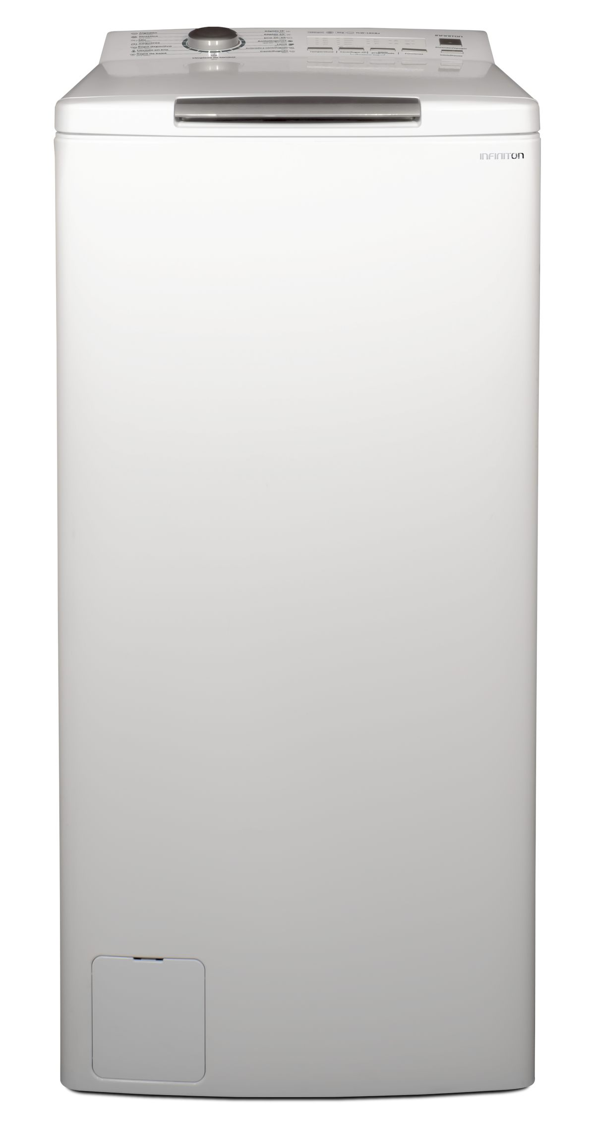 Una lavadora blanca se muestra de frente. Tiene un panel de control en la parte superior y una pequeña puerta de acceso.