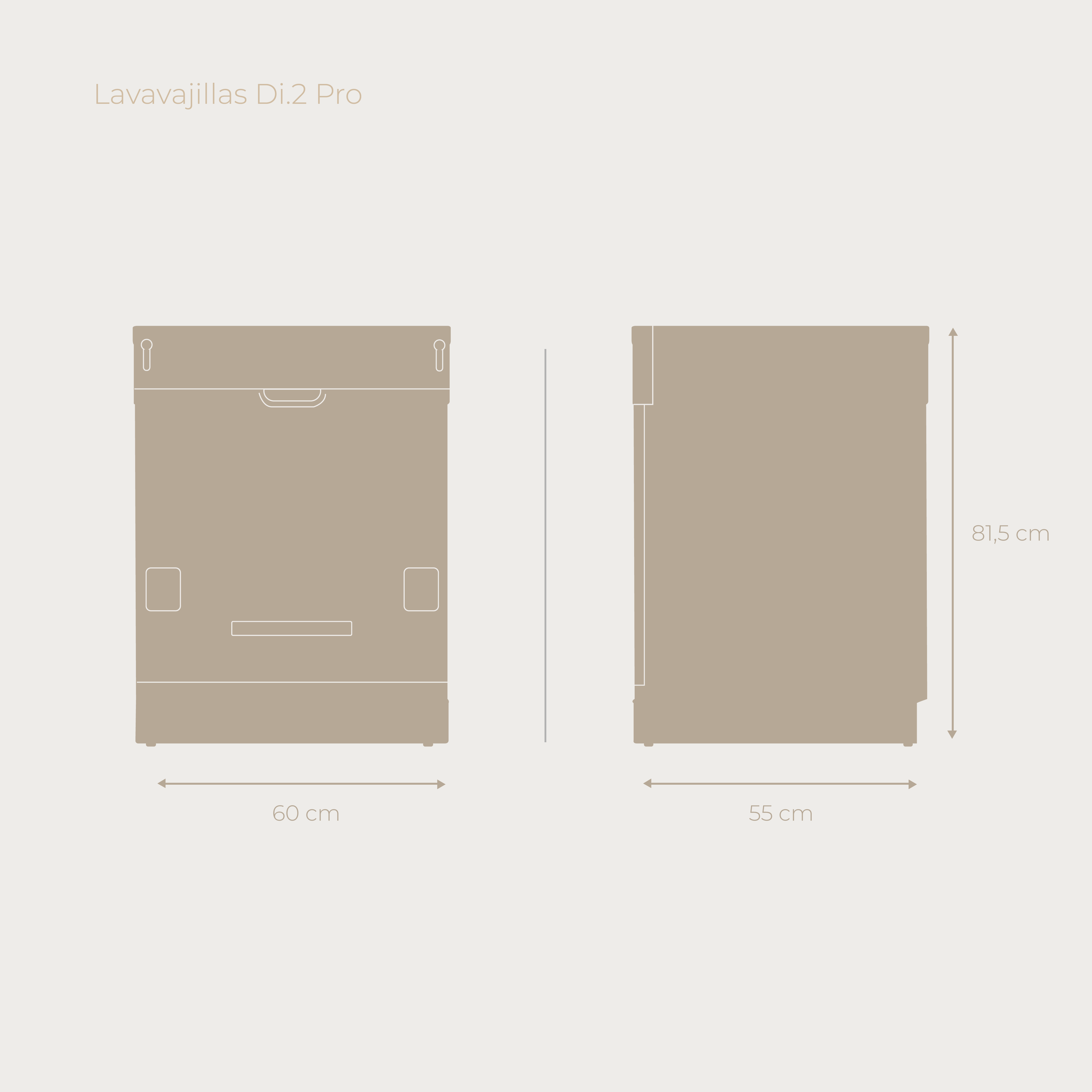 Diagramma di una lavastoviglie, con dimensioni, che mostra una vista dall'alto e una vista laterale.