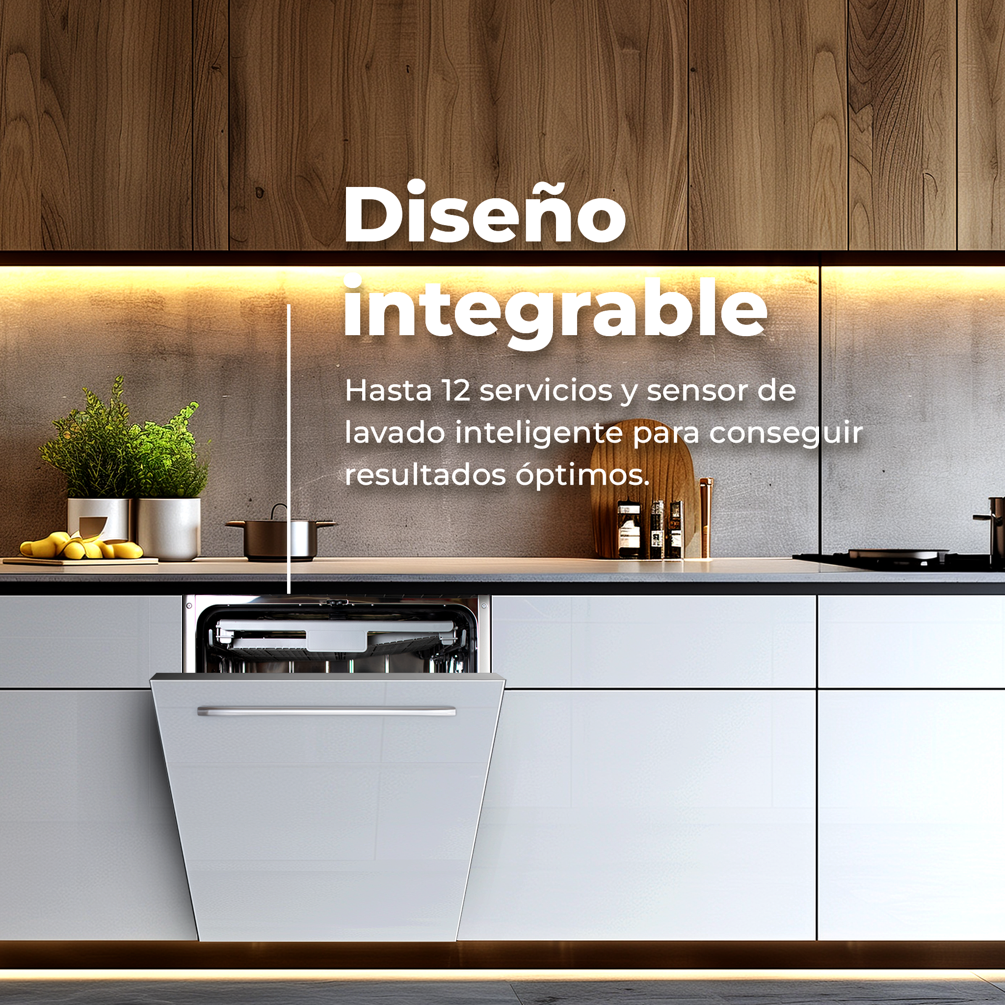 Una moderna cucina bianca con lavastoviglie e una sovrapposizione di testo.