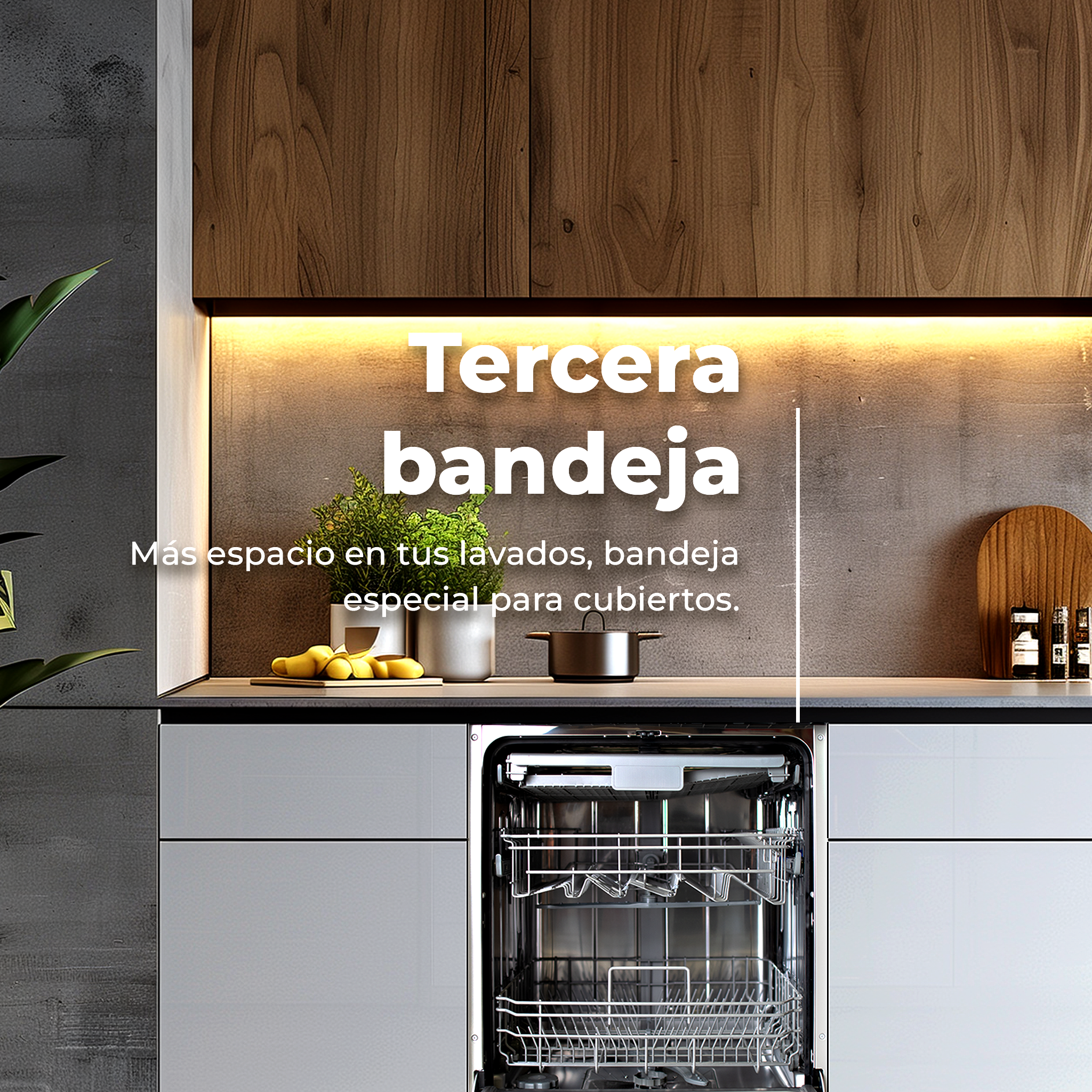 Cucina con lavastoviglie aperta. Testo: Tercera bandeja, Más espacio en tus lavados.