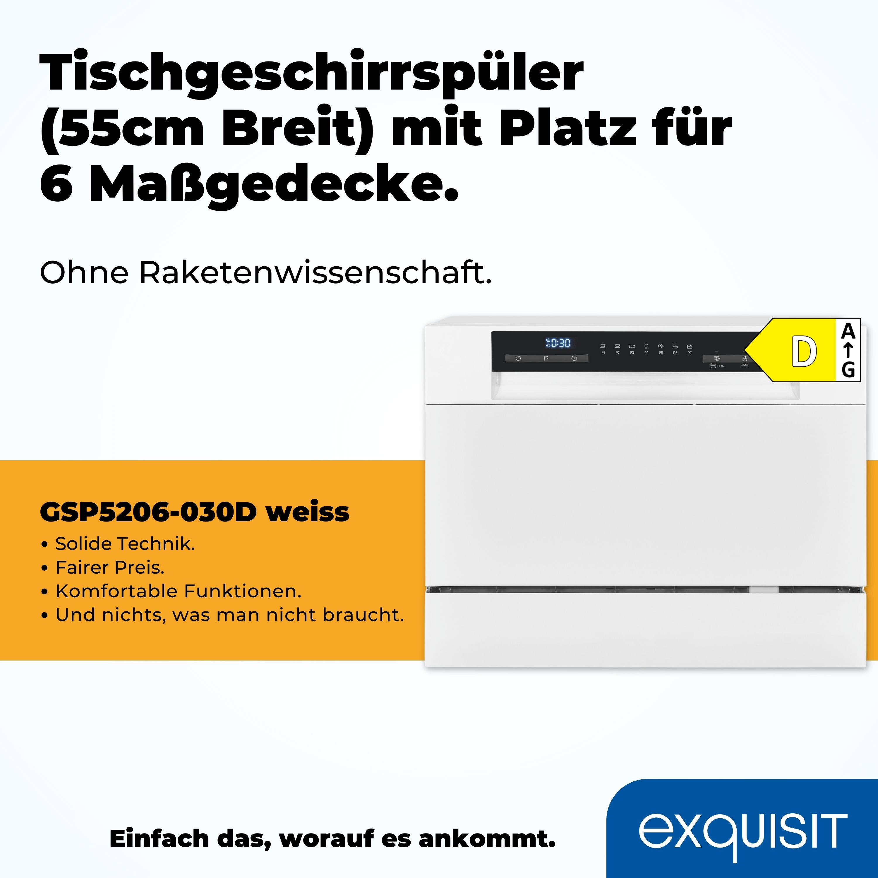 Weißer Geschirrspüler mit deutschem Text. Weißer Hintergrund mit Energielabel.