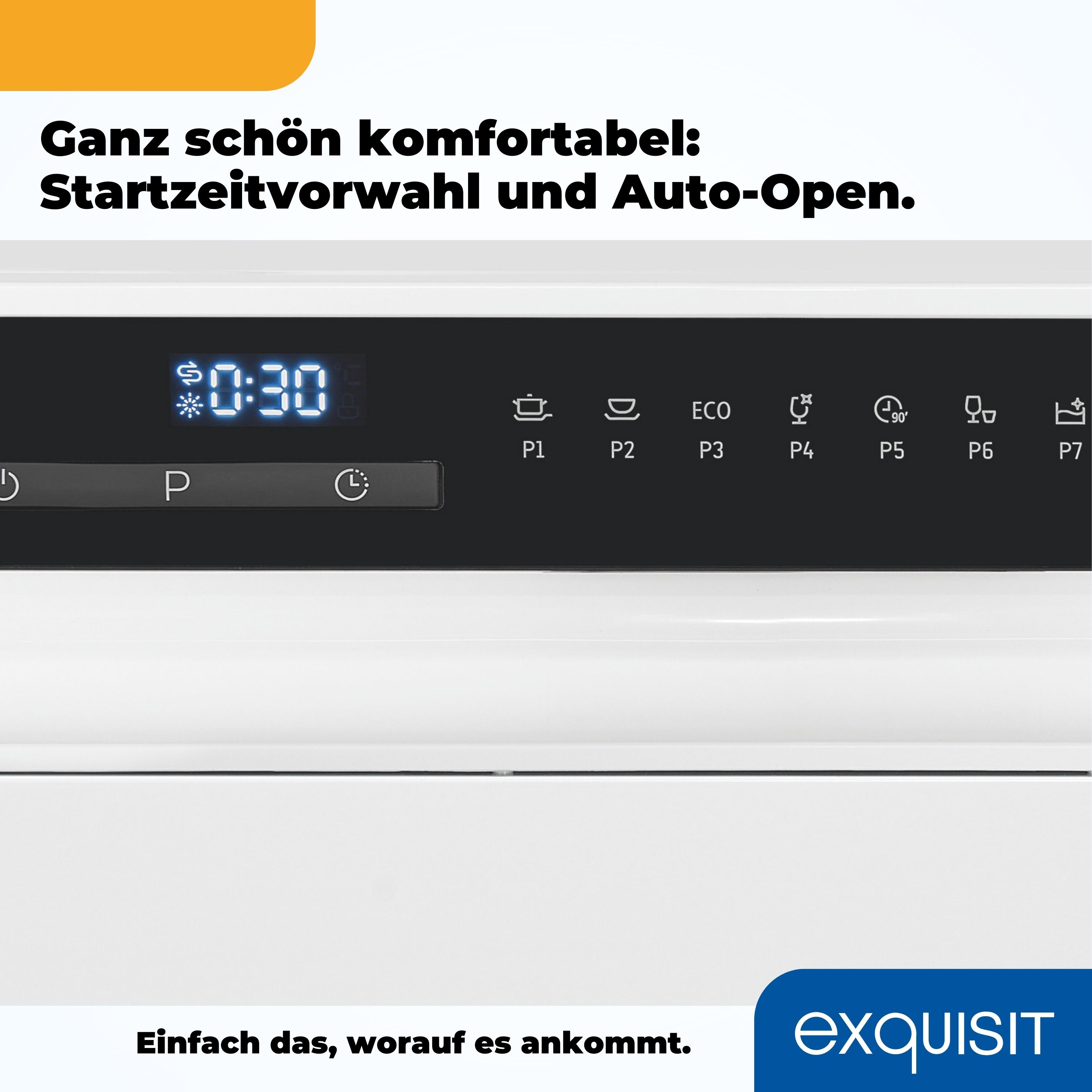 Nahaufnahme eines Geschirrspüler-Bedienfelds mit Digitalanzeige und Knöpfen.
