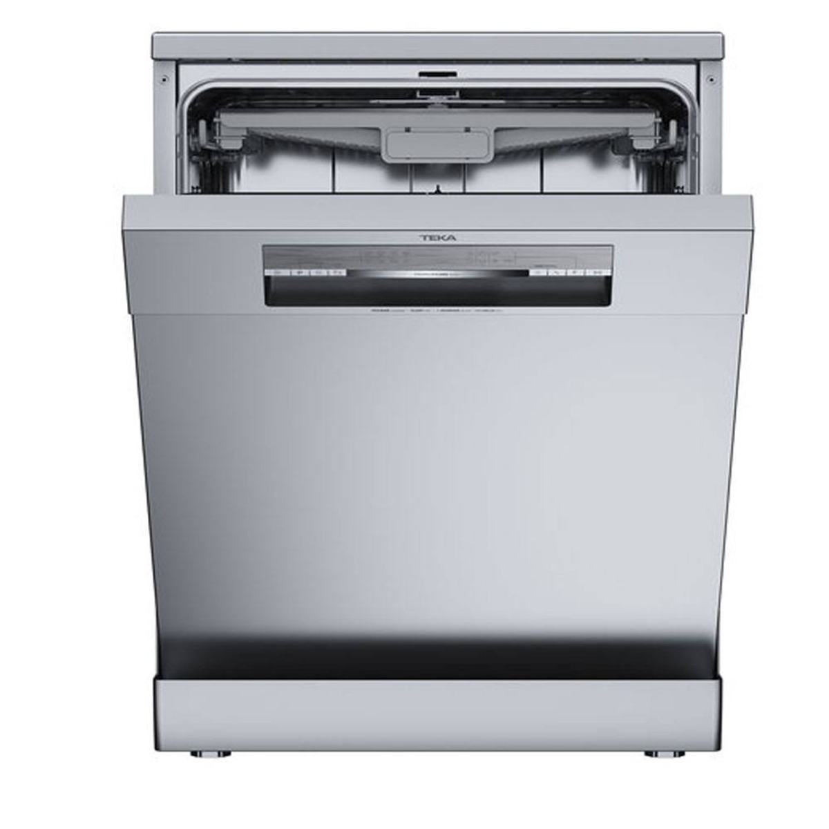 Zmywarka Teka ze stali nierdzewnej z otwartymi drzwiami. Wnętrze jest widoczne.