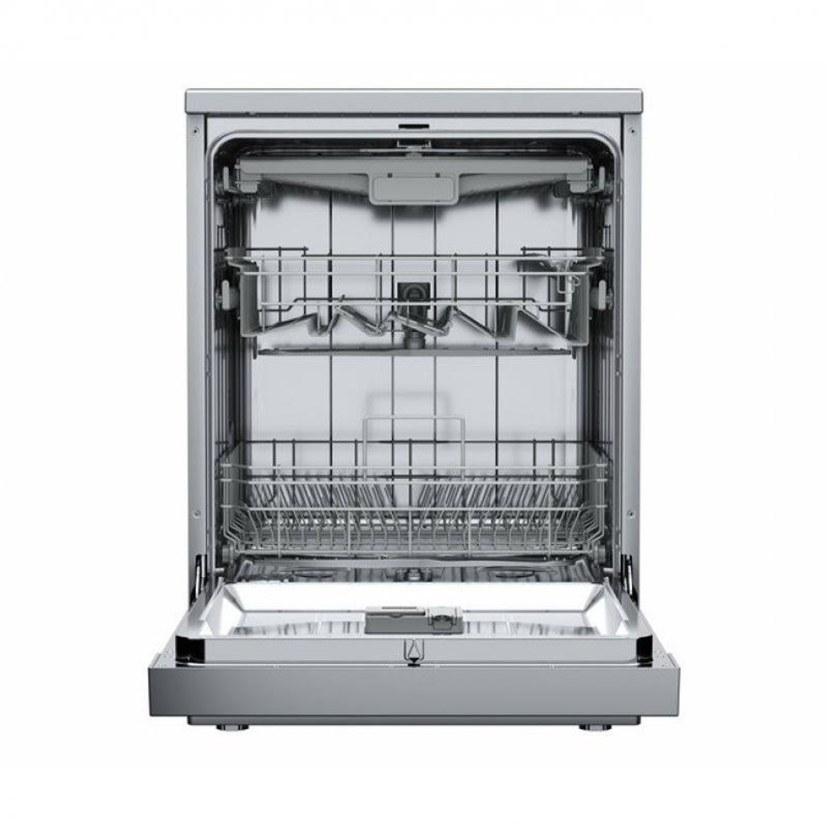 Otwarta zmywarka z półkami i wnętrzem ze stali nierdzewnej, na białym tle.