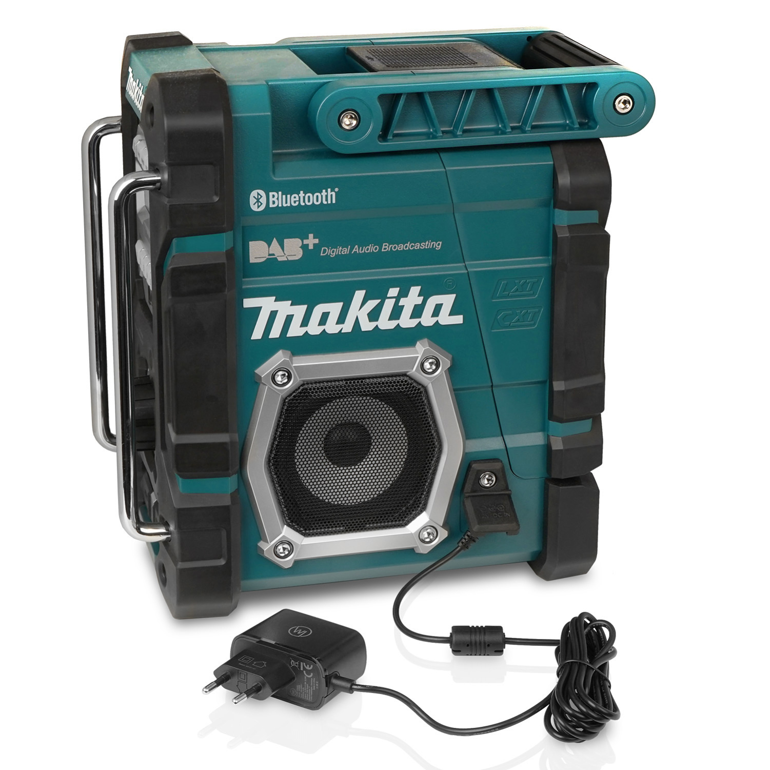Ein türkisfarbenes Makita-Radio mit Griff und Ladegerät. Es hat einen Lautsprecher und Bluetooth.