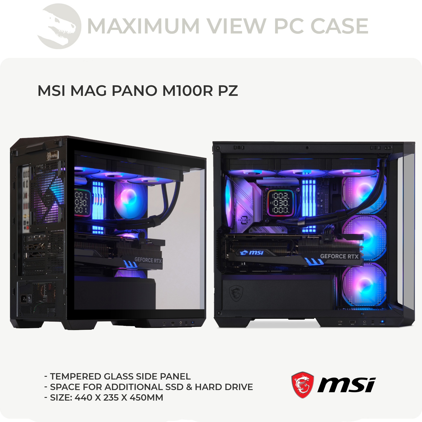 Dwie obudowy komputera, czarne ze szkłem hartowanym, prezentujące podzespoły wewnętrzne ze światłami.