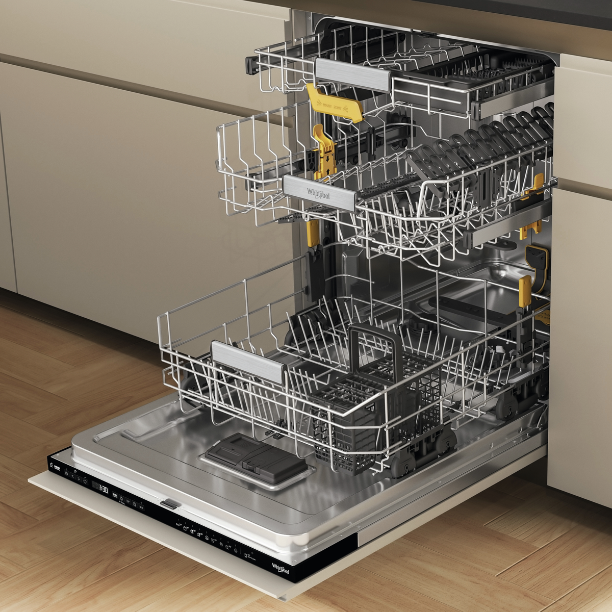 Otwarta zmywarka z naczyniami w środku, pokazująca wnętrze.