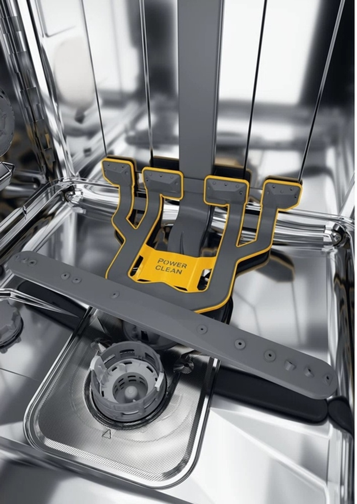 Wnętrze zmywarki. Żółte i szare ramiona do czyszczenia są obecne. Srebrne wnętrze.