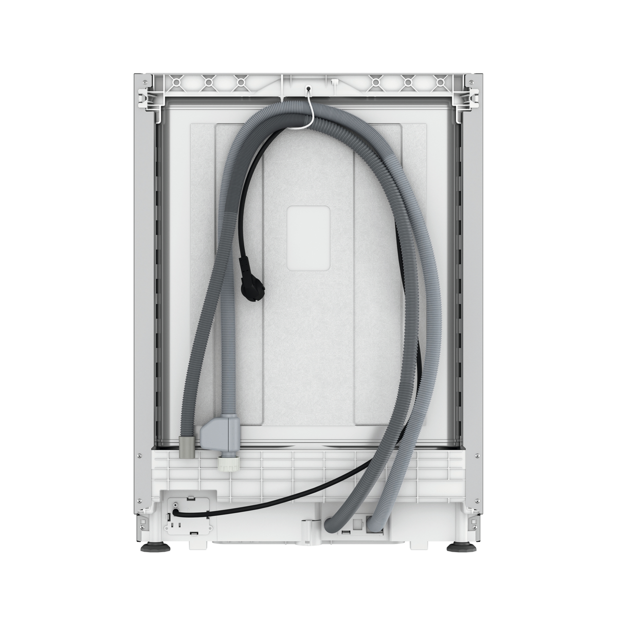 Widok z tyłu zmywarki z wężami i elementami, białe tło.