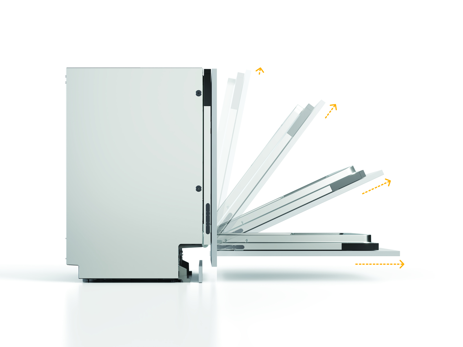 Biała zmywarka z otwartą szufladą. Drzwi są otwarte i widać wnętrze. Drzwi są białe z czarnymi akcentami.