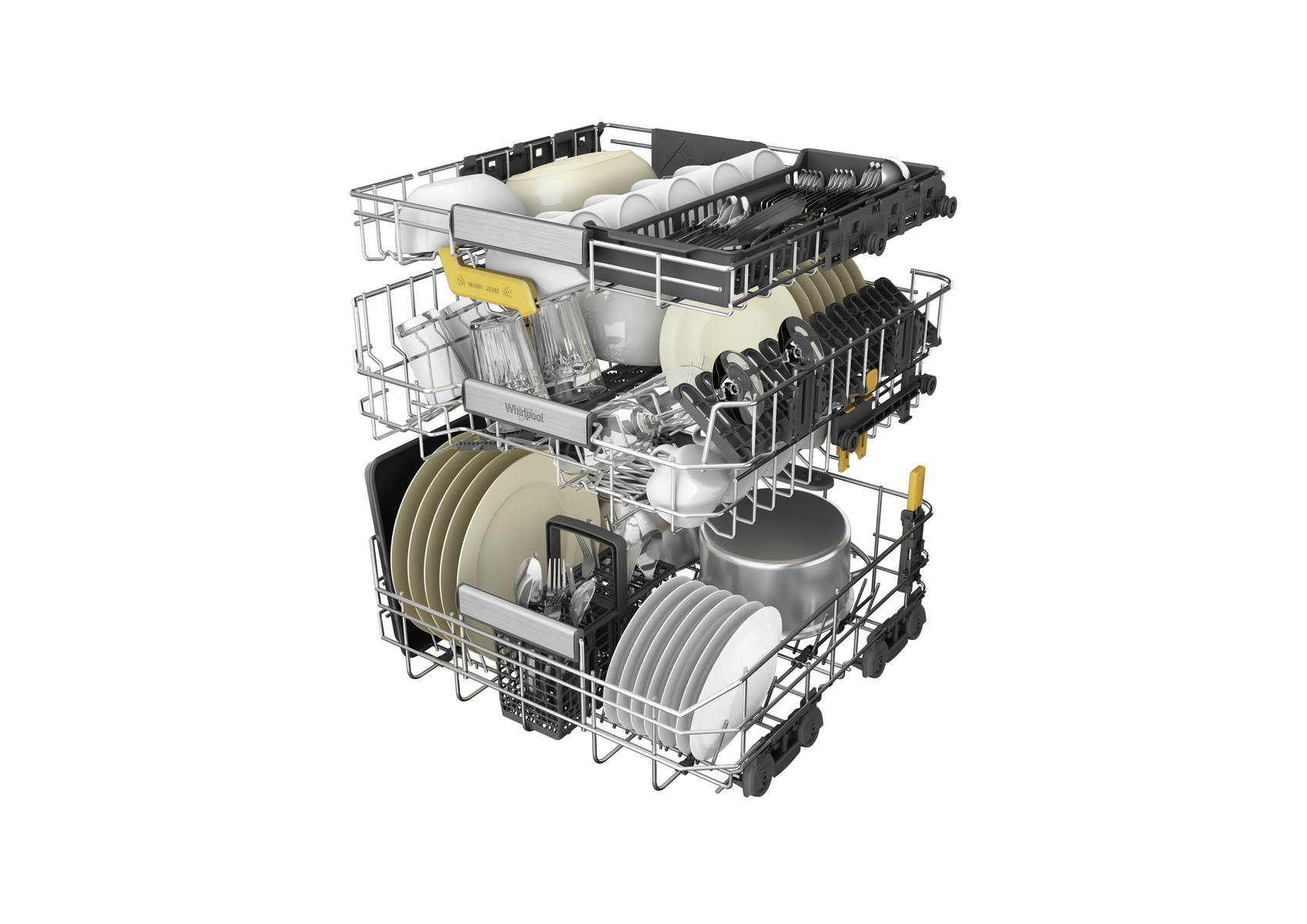 Otwarta zmywarka z trzema półkami wypełnionymi naczyniami, szklankami i sztućcami.