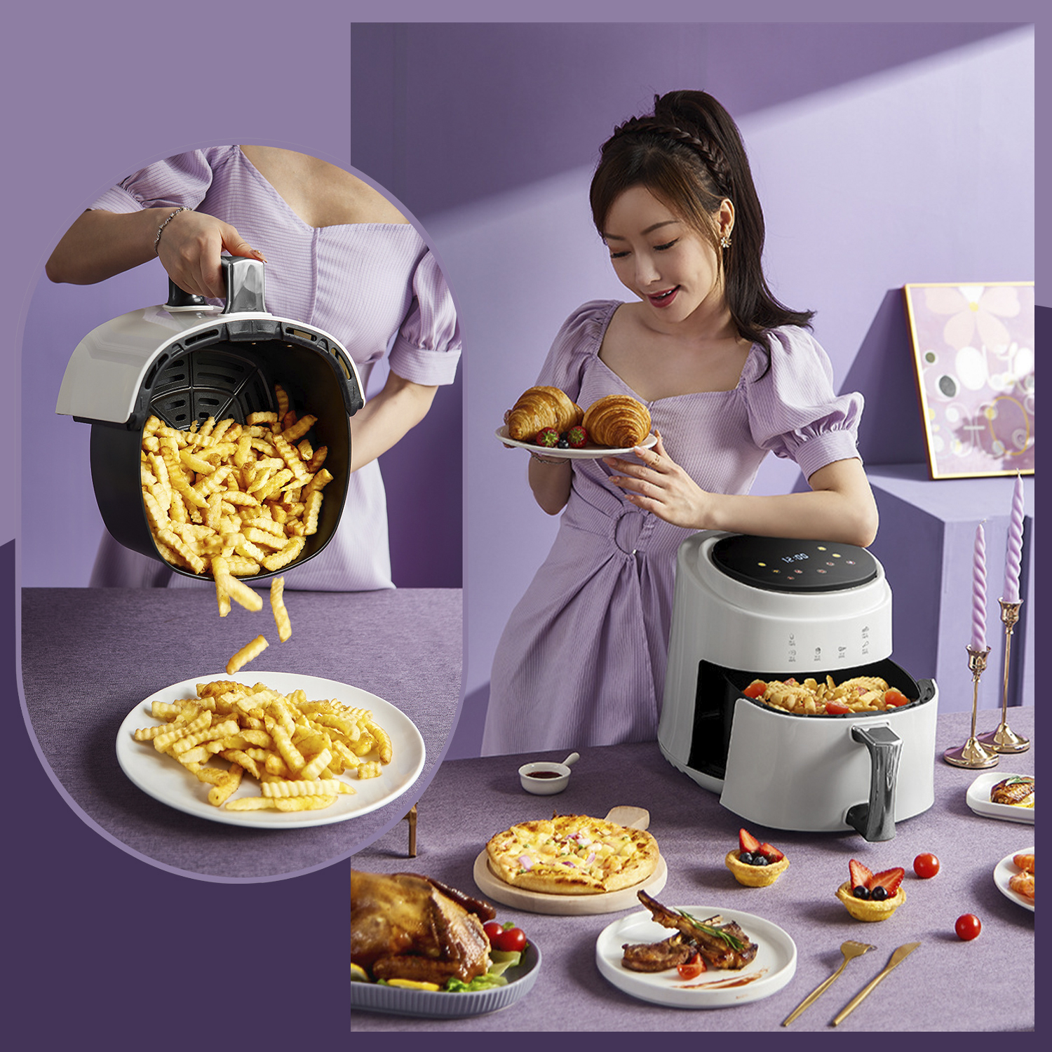 Una donna prepara patatine fritte da una friggitrice ad aria e mostra vari piatti cotti su un tavolo.