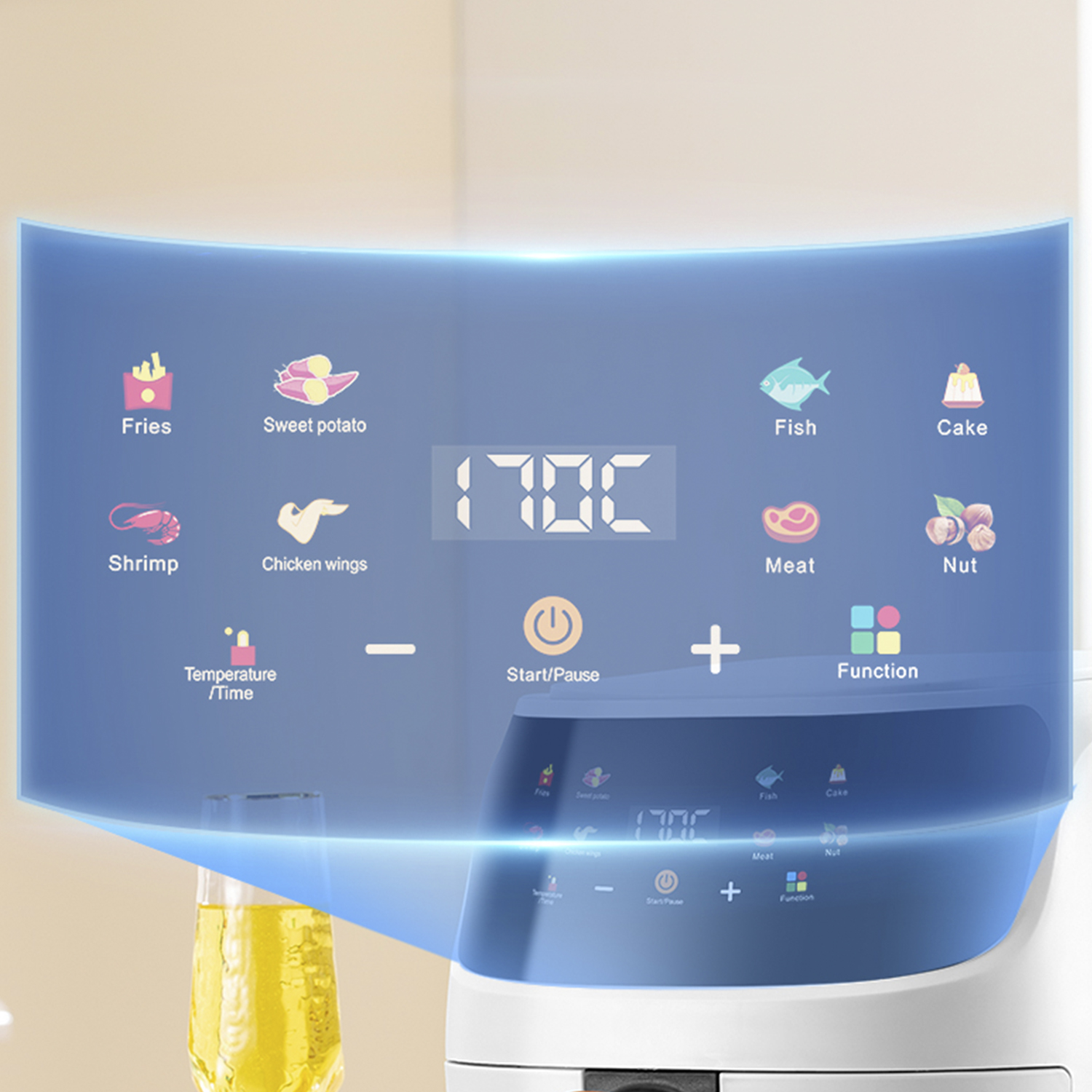 Pannello di controllo della friggitrice ad aria con icone alimentari e display della temperatura. Bicchiere di liquido giallo in primo piano.