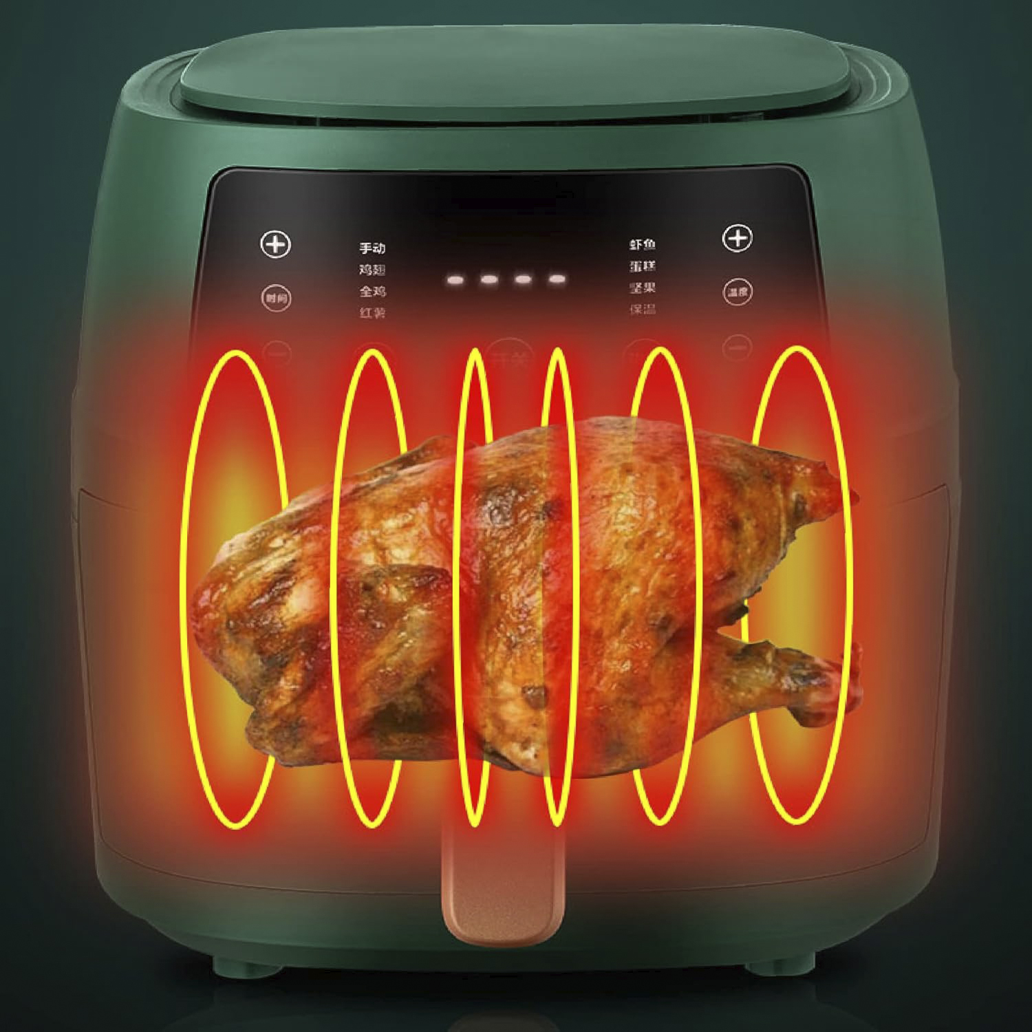 Friggitrice ad aria verde con un pollo cotto all'interno e linee di riscaldamento rosse.