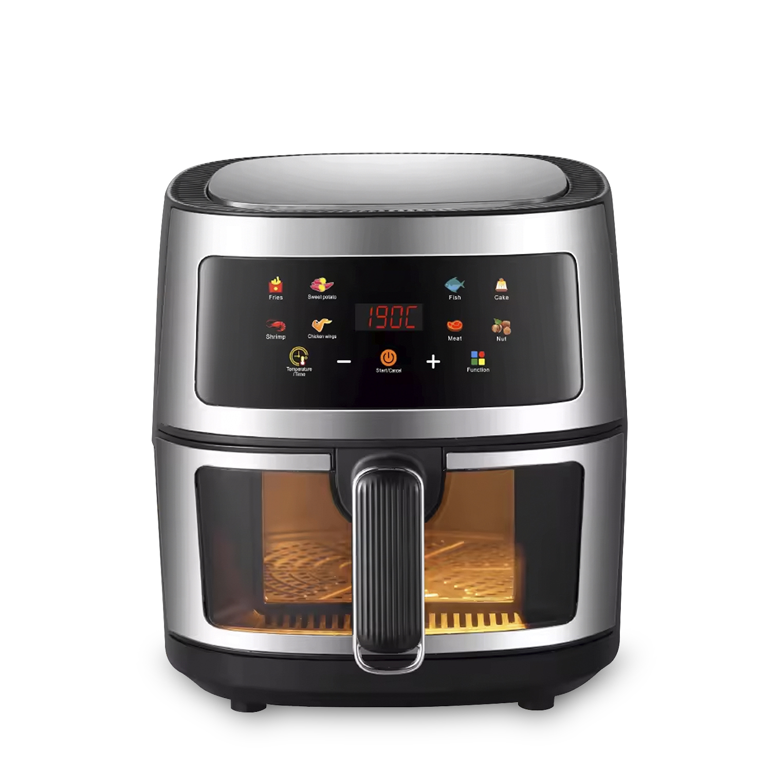 Silberne und schwarze Heißluftfritteuse mit digitalem Display. Weißer Hintergrund.