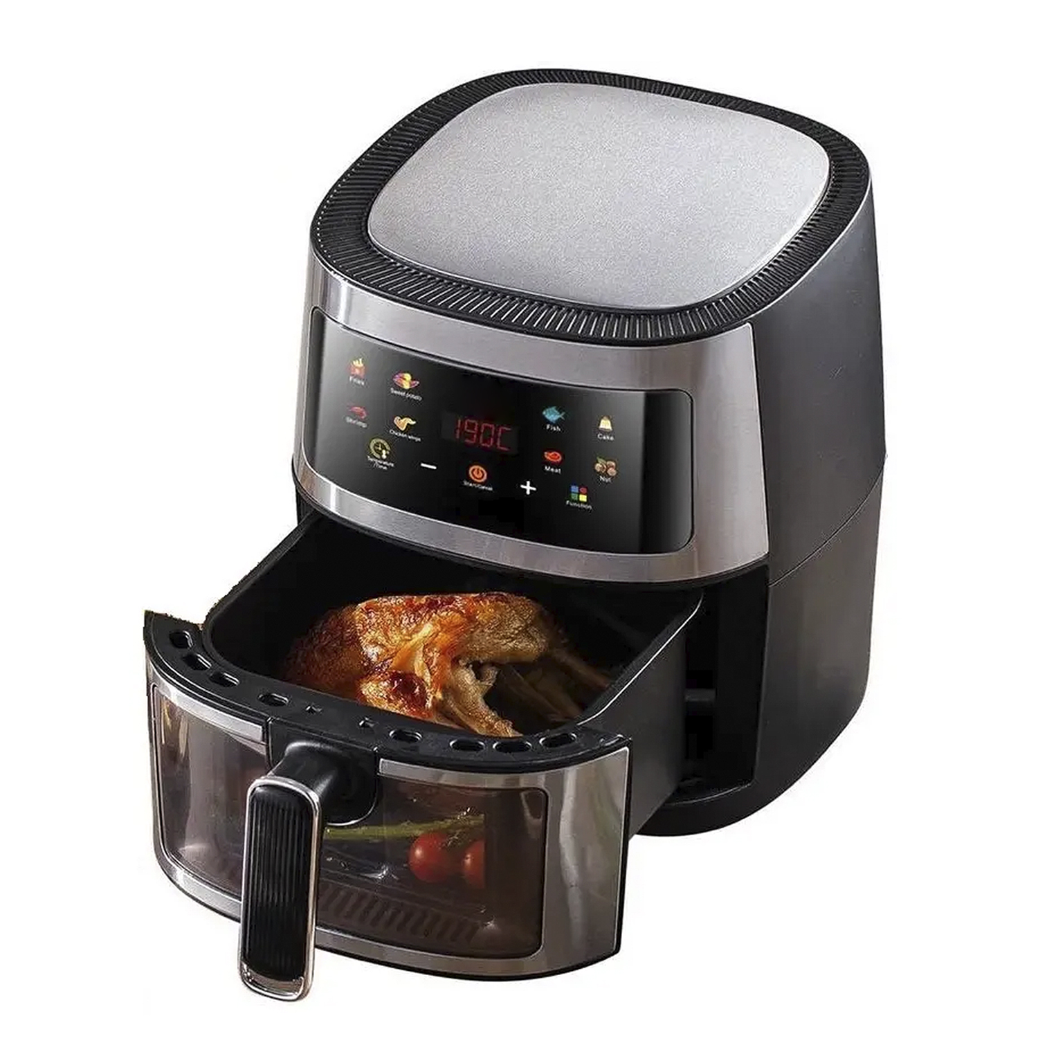 Schwarze und silberne Heißluftfritteuse mit Essen im Tablett und einem digitalen Bildschirm.