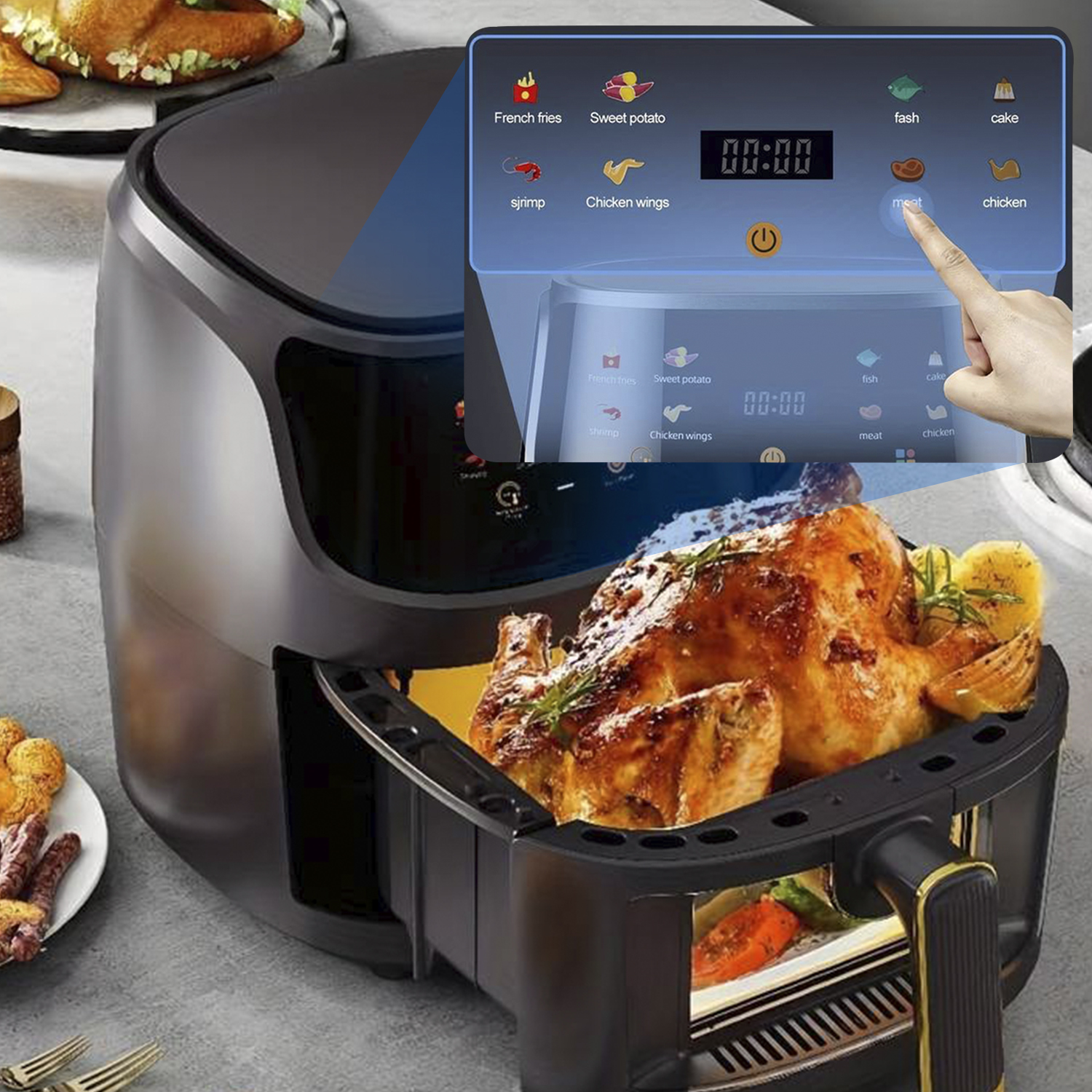 Eine Heißluftfritteuse mit einem gekochten Hähnchen. Ein digitales Display zeigt Kochoptionen.