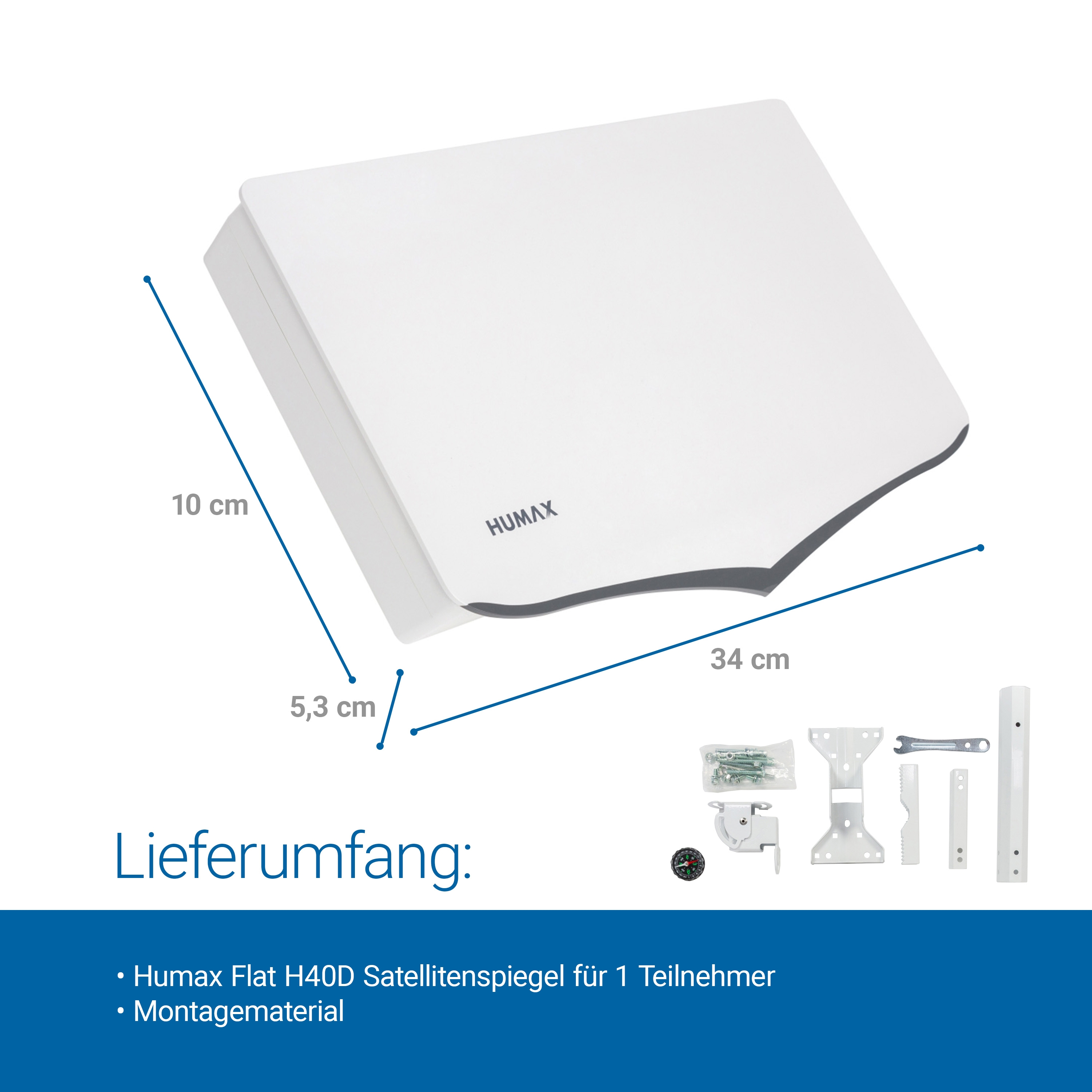 Weiße Satellitenschüssel mit Text und Abmessungen. Weißer Hintergrund.