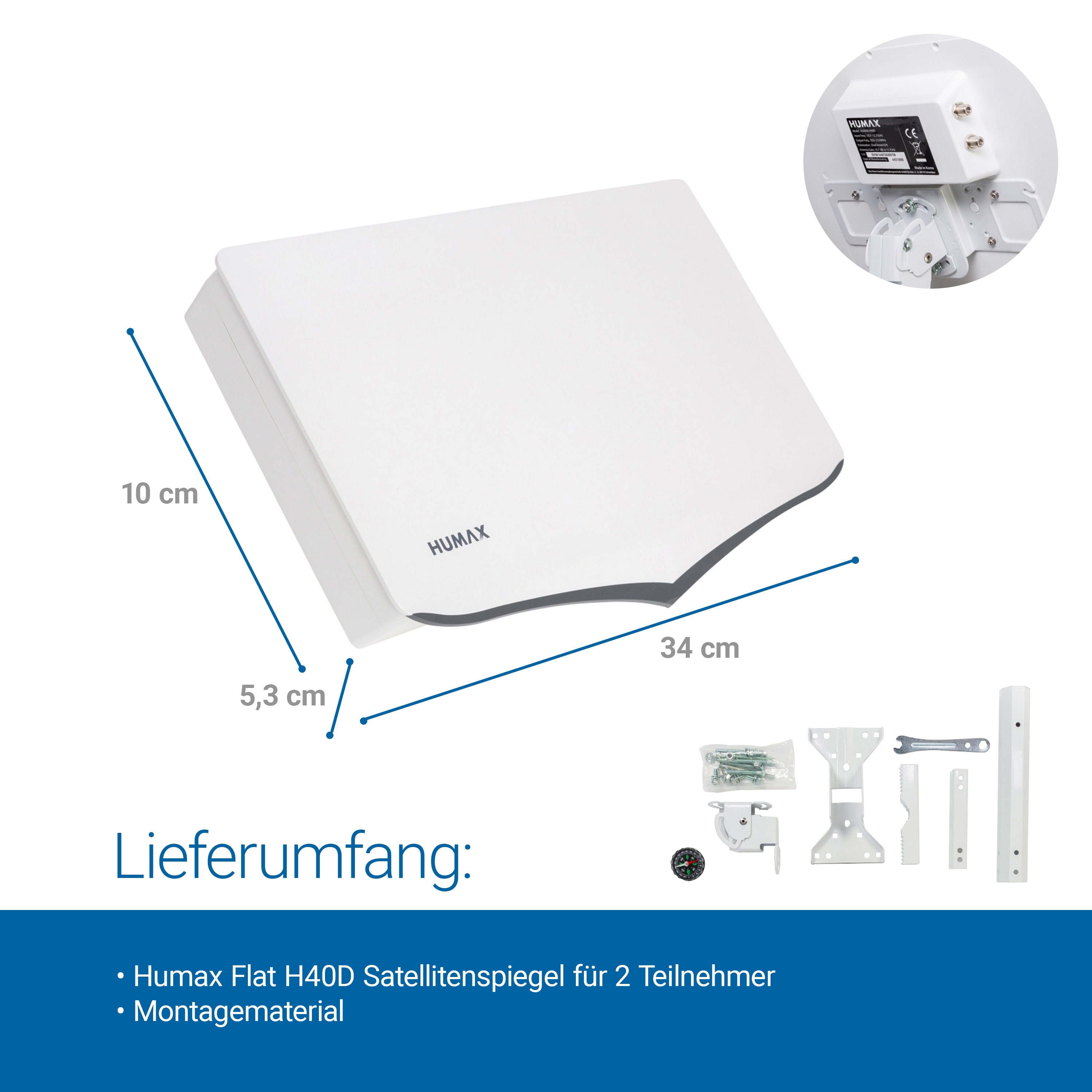 Weiße Satellitenantenne. Abmessungen in cm. Verschiedene Montageteile sind enthalten.
