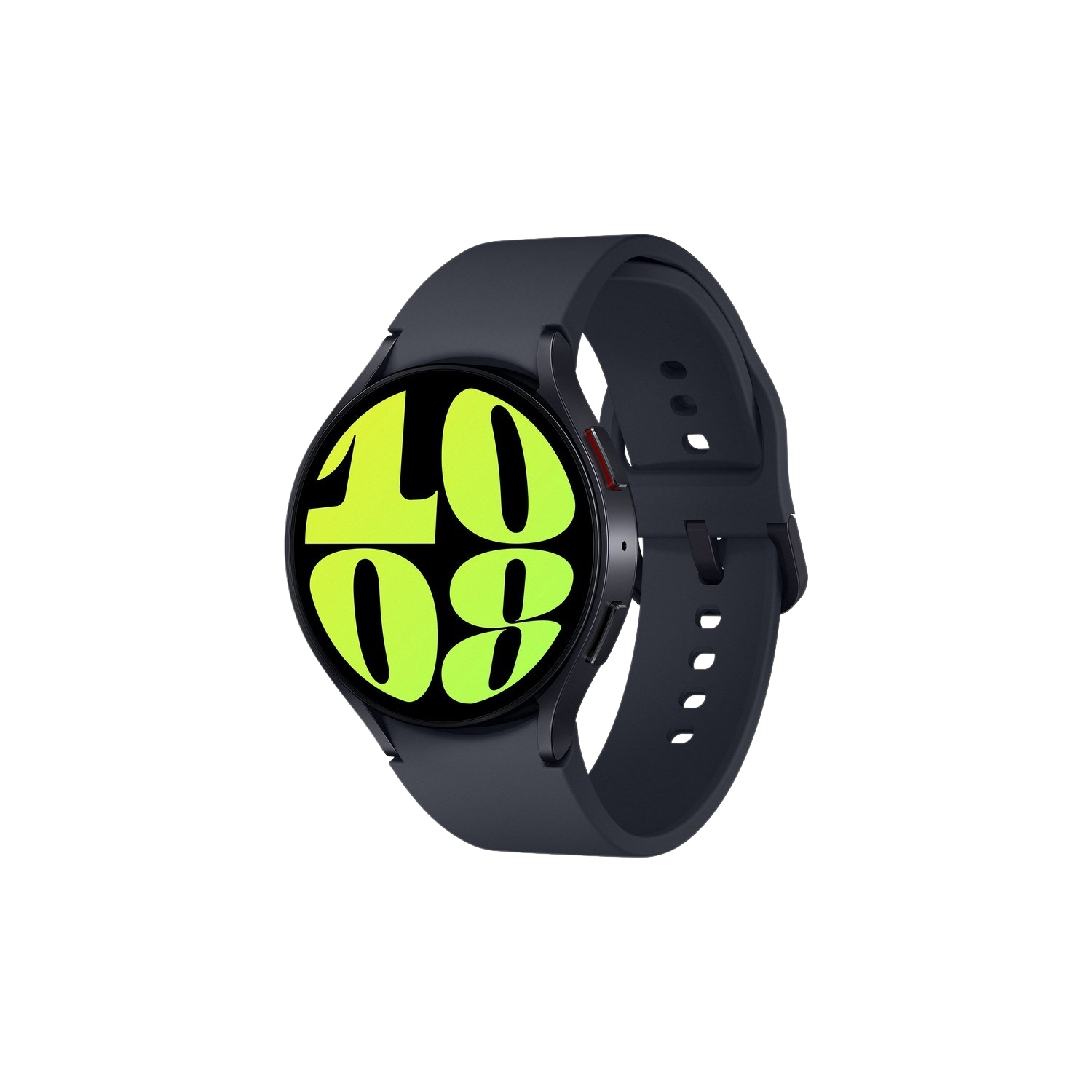 Een zwarte smartwatch toont de tijd 10:08. Het horloge heeft een donkere band.