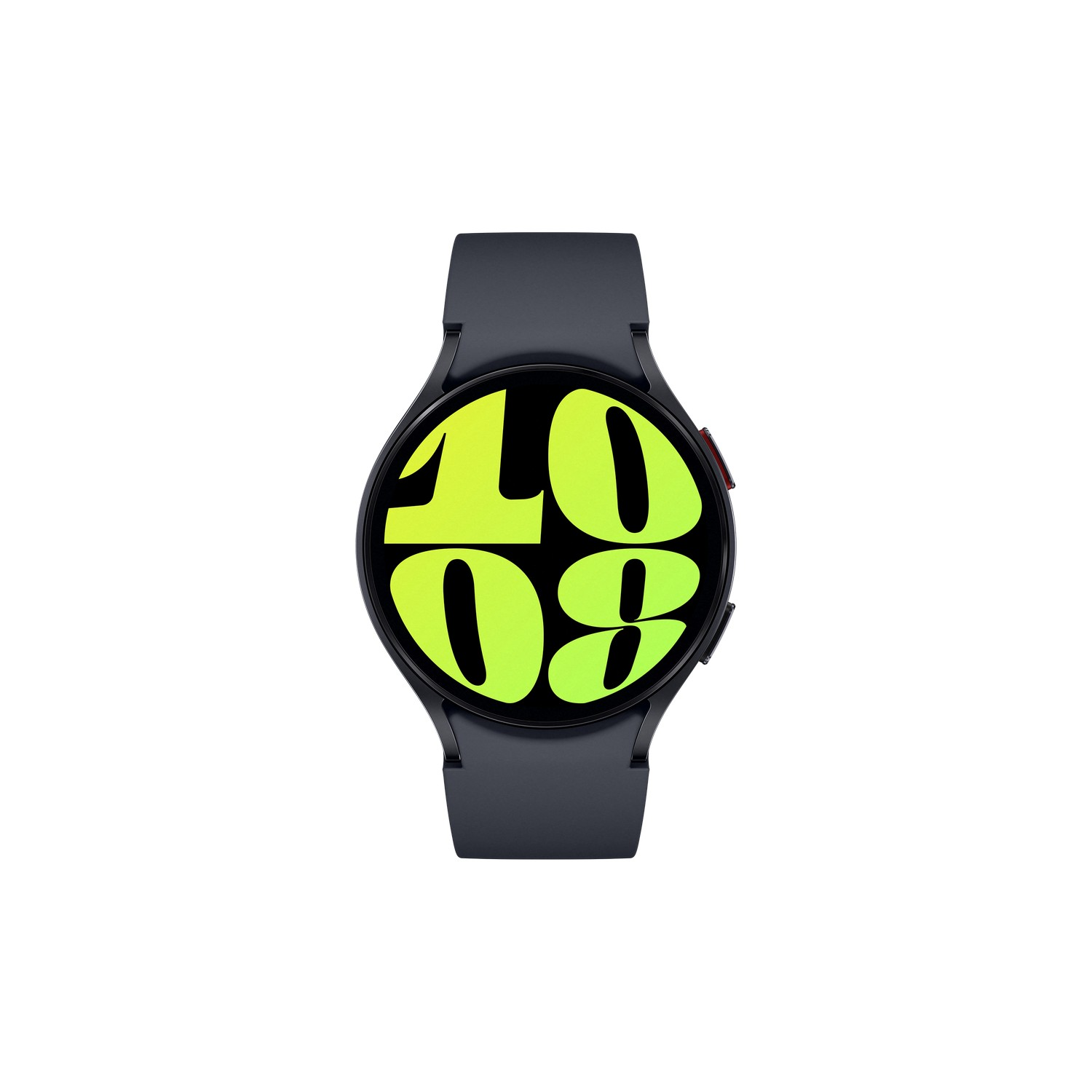 Zwarte smartwatch met zwarte band en groen-geel display met de tijd.