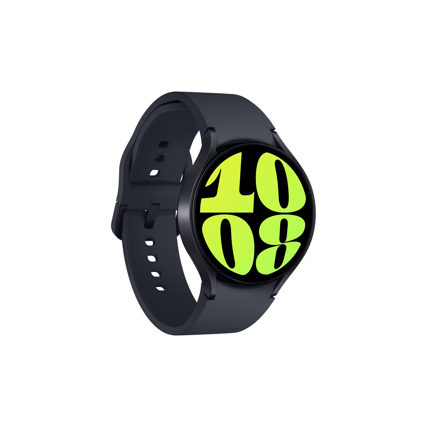Zwarte smartwatch met groen en geel display, zwarte band. Het horloge staat in het midden.