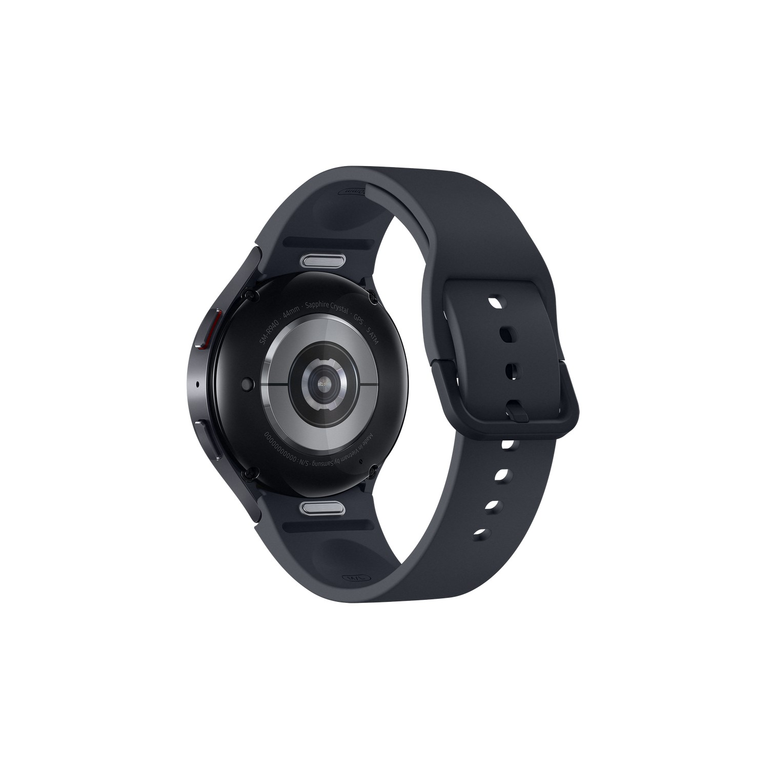 Zwarte smartwatch met zwarte band. De wijzerplaat is zichtbaar.