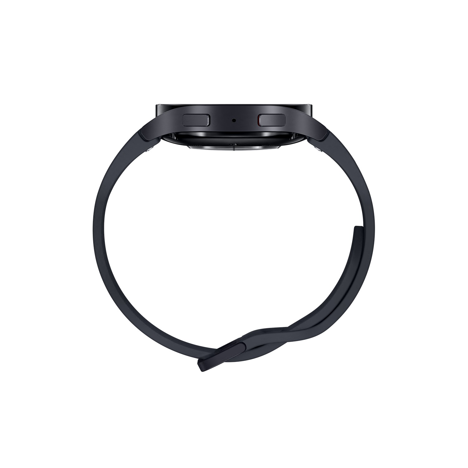 Zwarte smartwatch met een zwarte band, van bovenaf bekeken.
