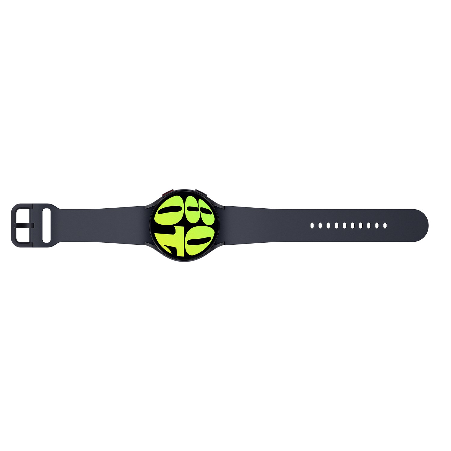 Zwarte smartwatch met een donkergrijze band en een neon groen en geel display.