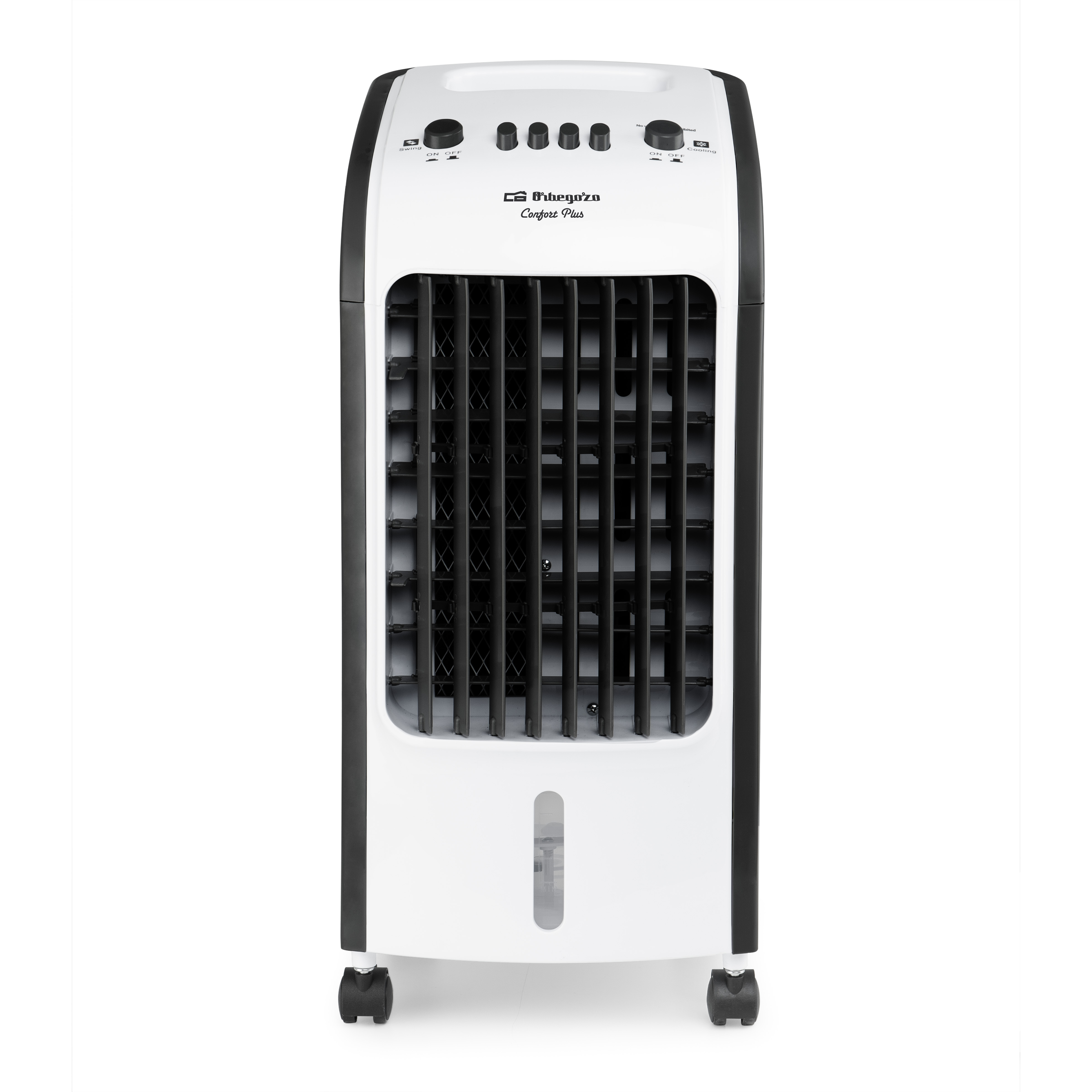 Biało-czarna chłodziarka powietrza z elementami sterującymi na górze i wskaźnikiem poziomu wody. Białe tło.