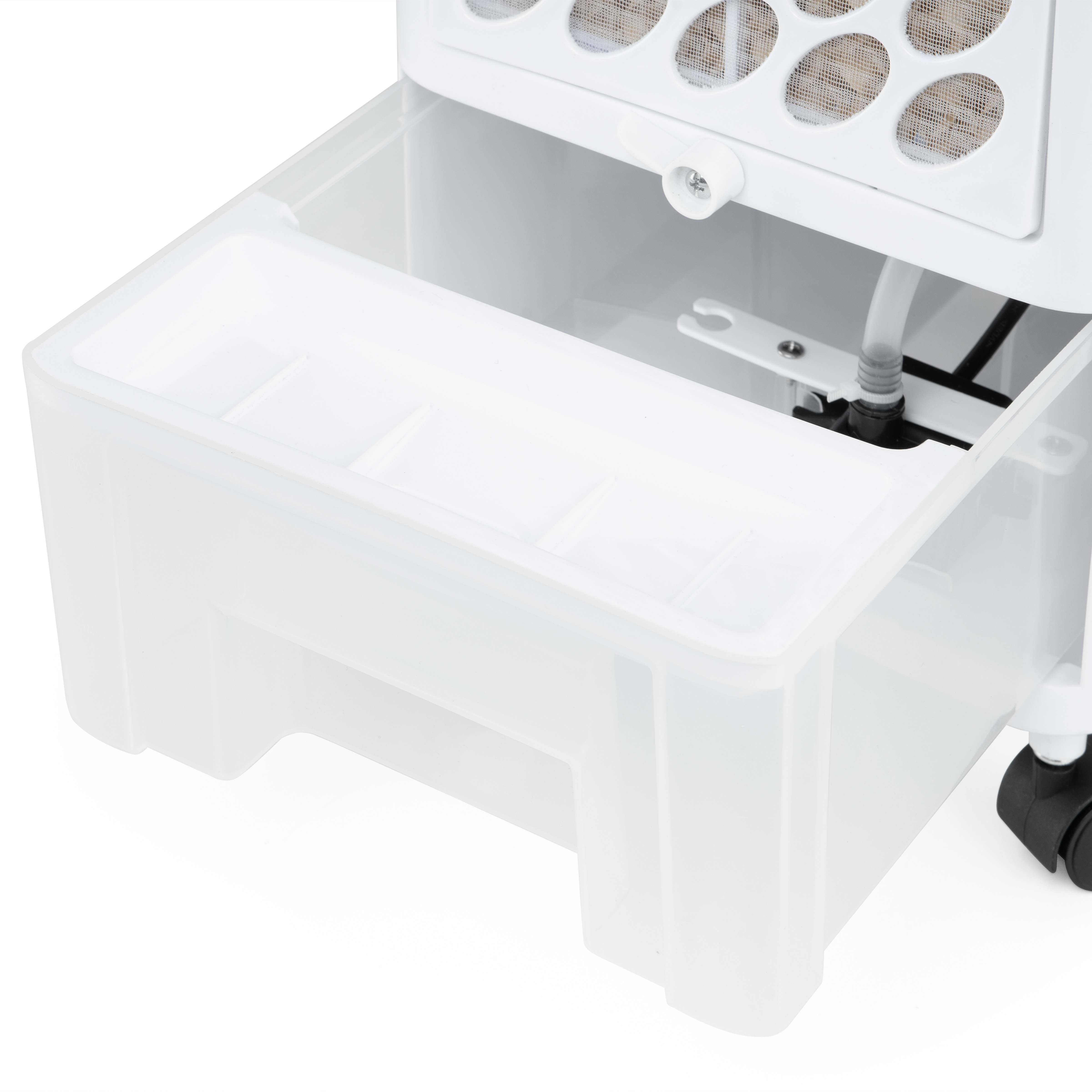 Zbliżenie białej plastikowej chłodziarki z wyjmowaną tacą.