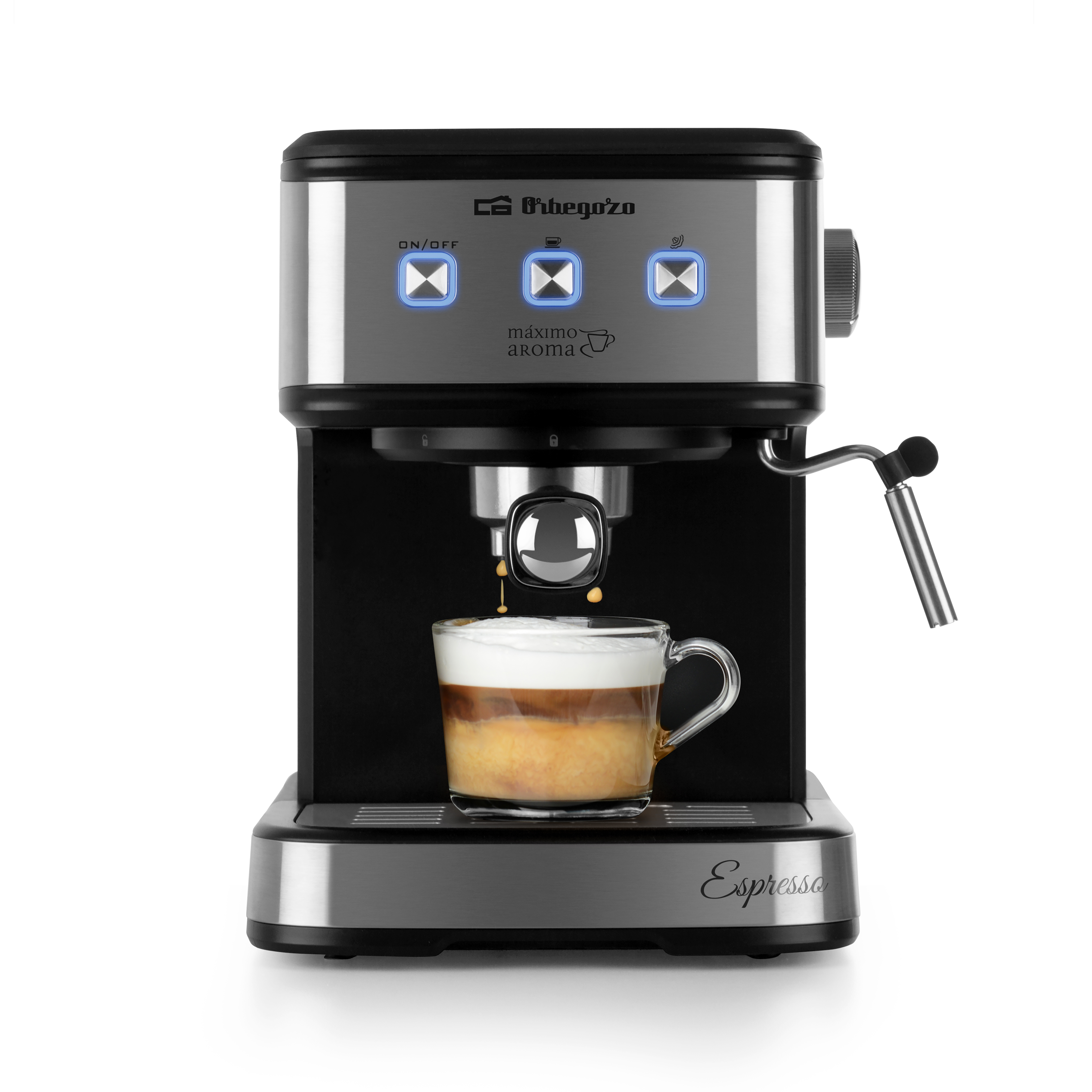 Máquina de espresso, negra y plateada, con una taza de vidrio que recoge café. Los botones están iluminados.