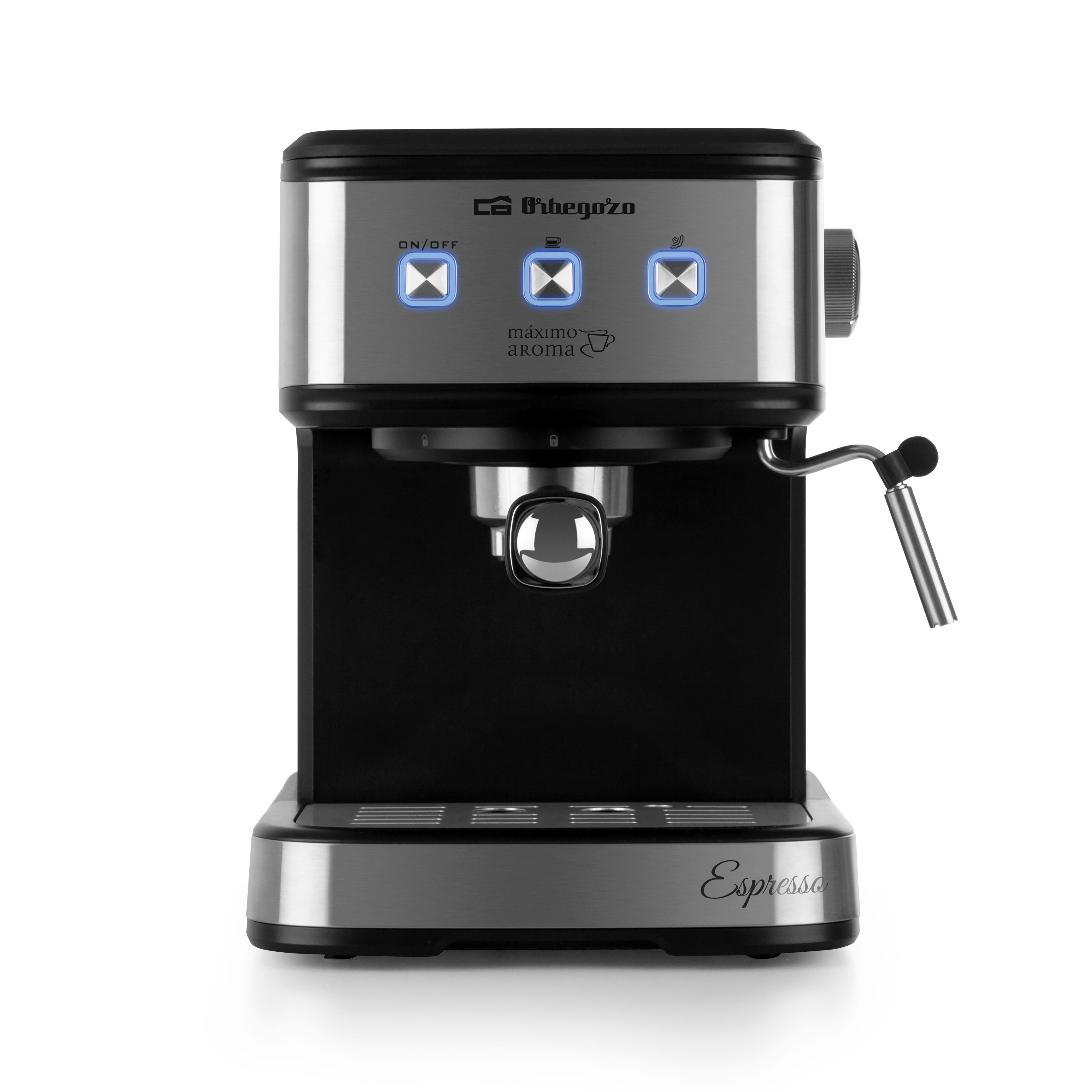 Máquina de espresso, negra y plateada, con botones y un asa, aislada sobre blanco.