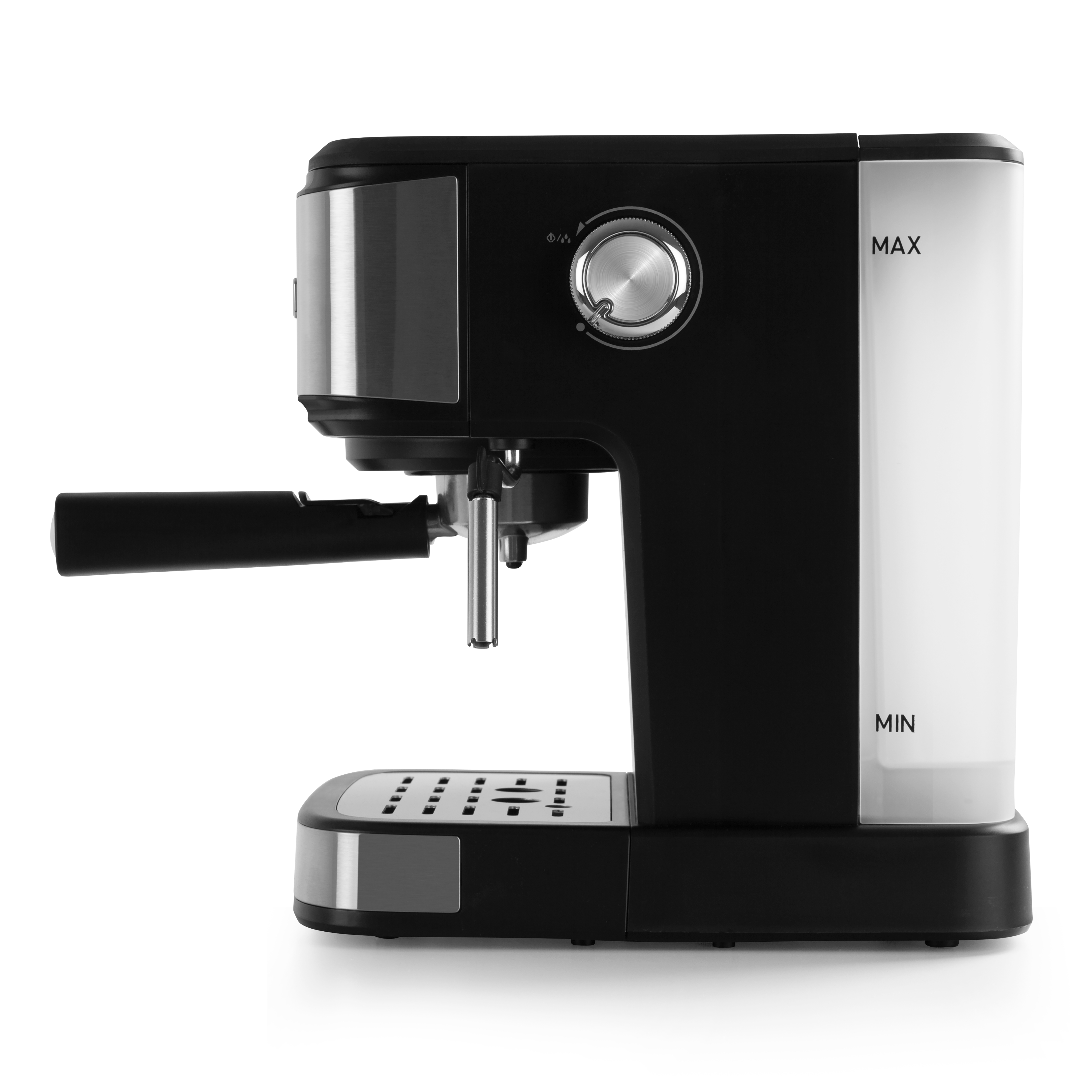 Máquina de espresso negra con boquilla plateada, depósito de agua y dial. Está sobre una superficie blanca.
