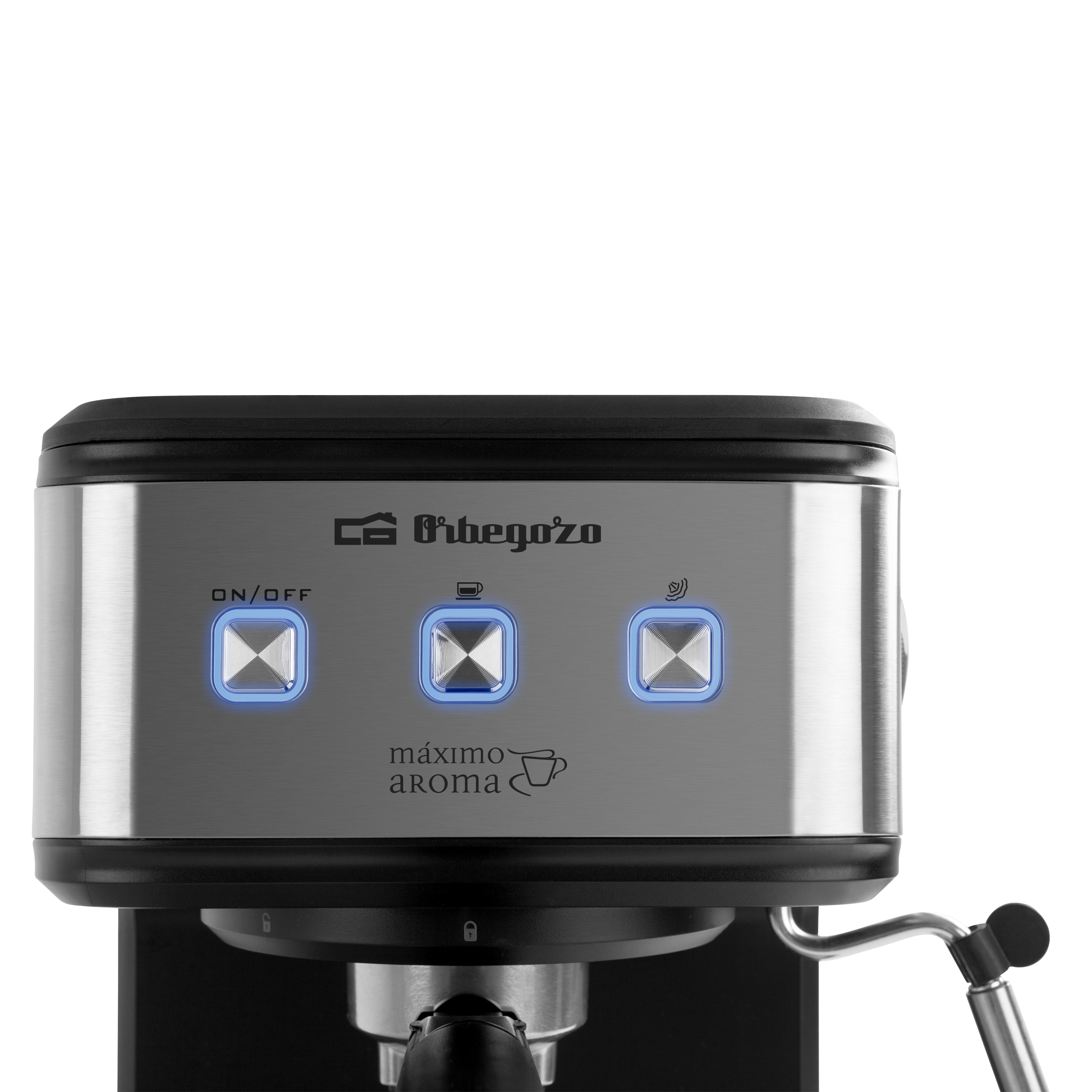 Primer plano del panel de control de una máquina de espresso plateada y negra. Tiene botones y las palabras 'máximo aroma'.