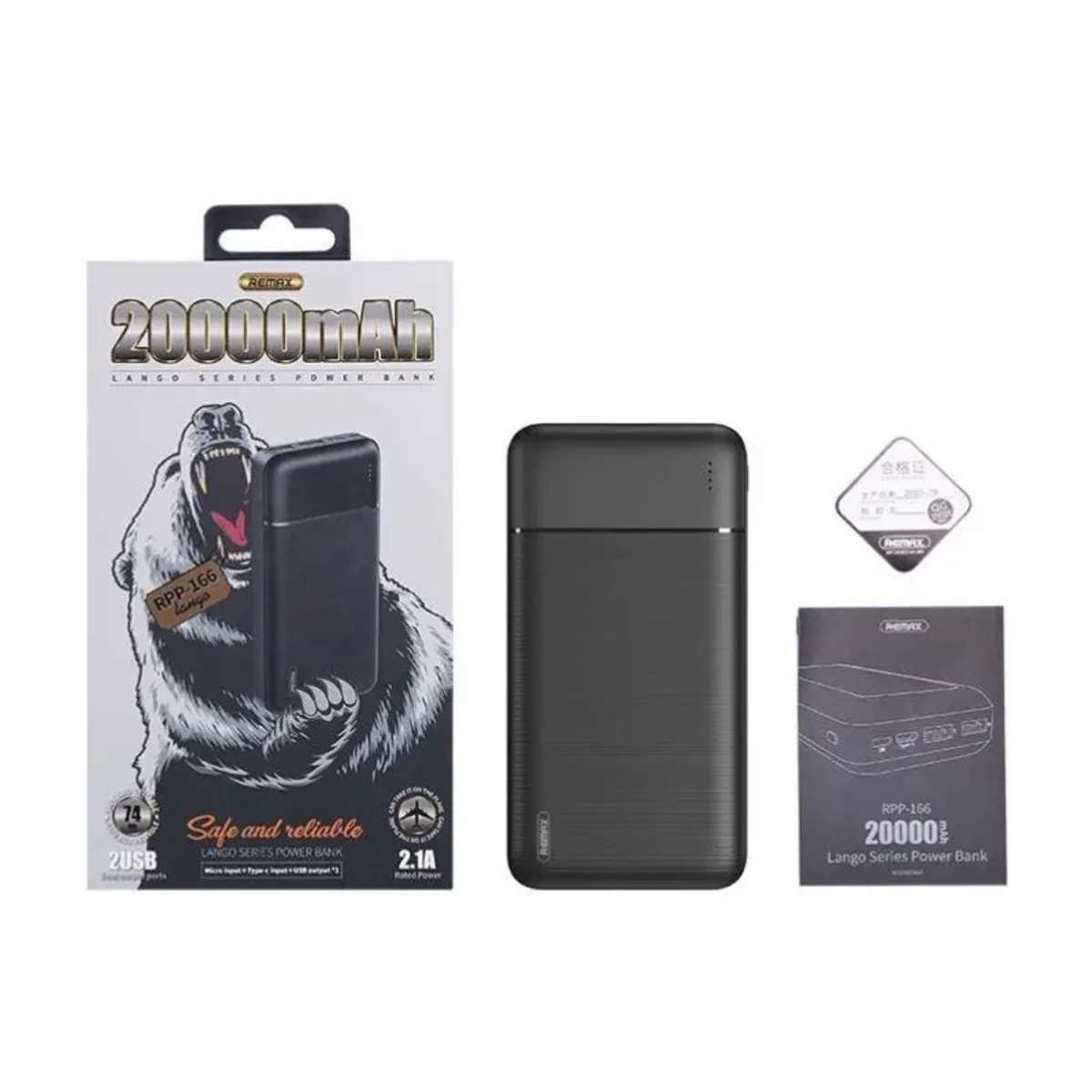 Schwarze Powerbank mit Verpackung und Broschüre.