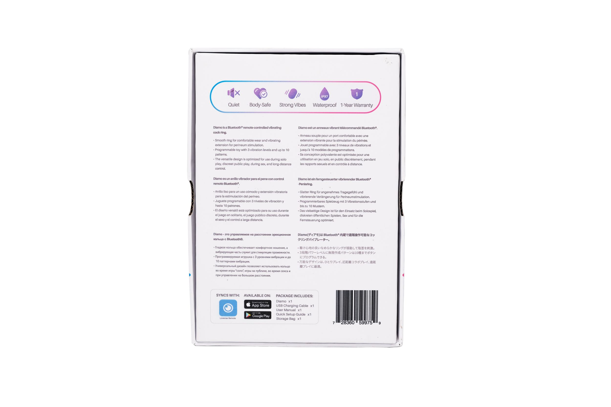 Box mit Text in mehreren Sprachen und Symbolen, enthält einen Bluetooth-Ring, ein Handbuch und ein Ladekabel.