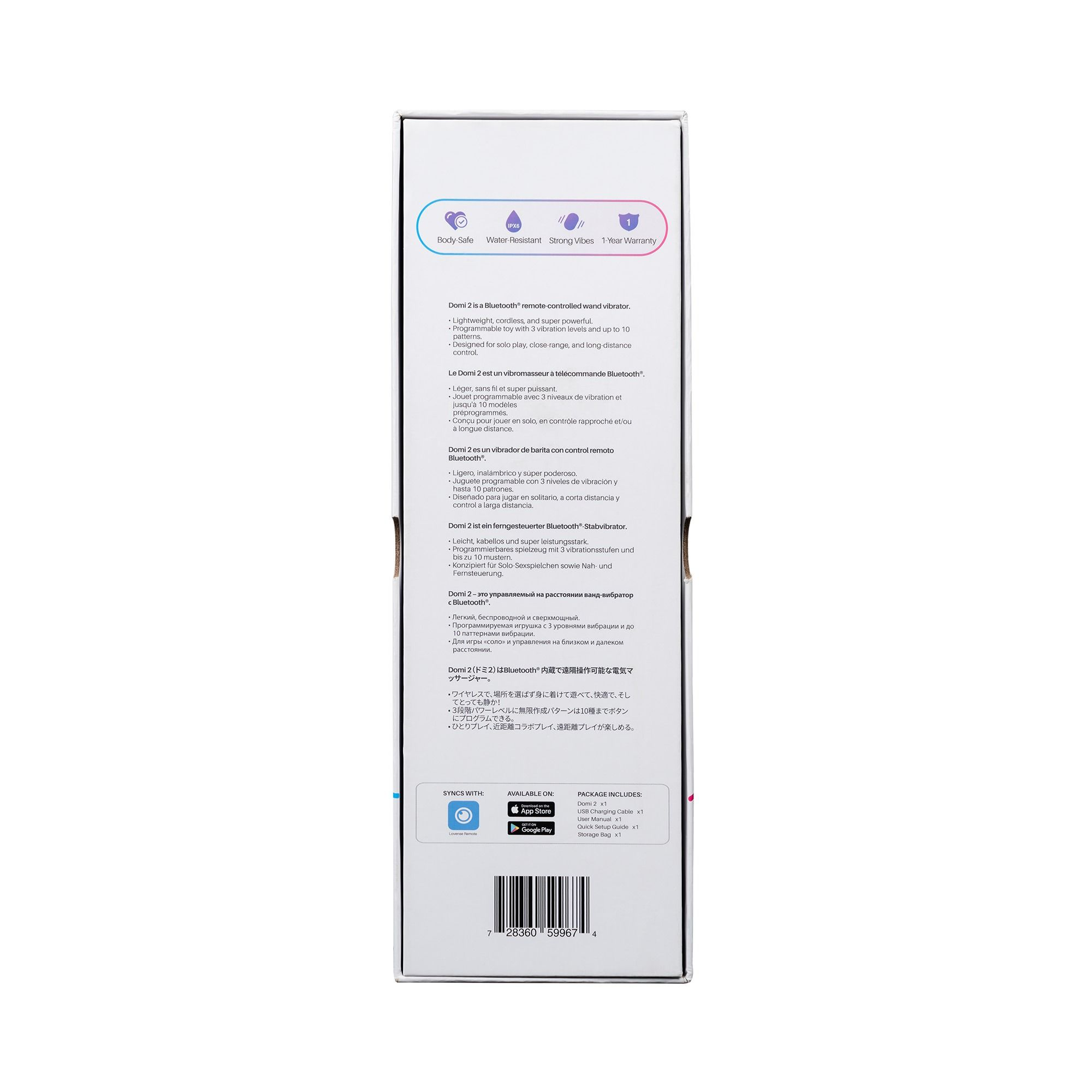 Box mit Produktinformationen in mehreren Sprachen, darunter Englisch. Enthält einen Bluetooth-Vibrator.