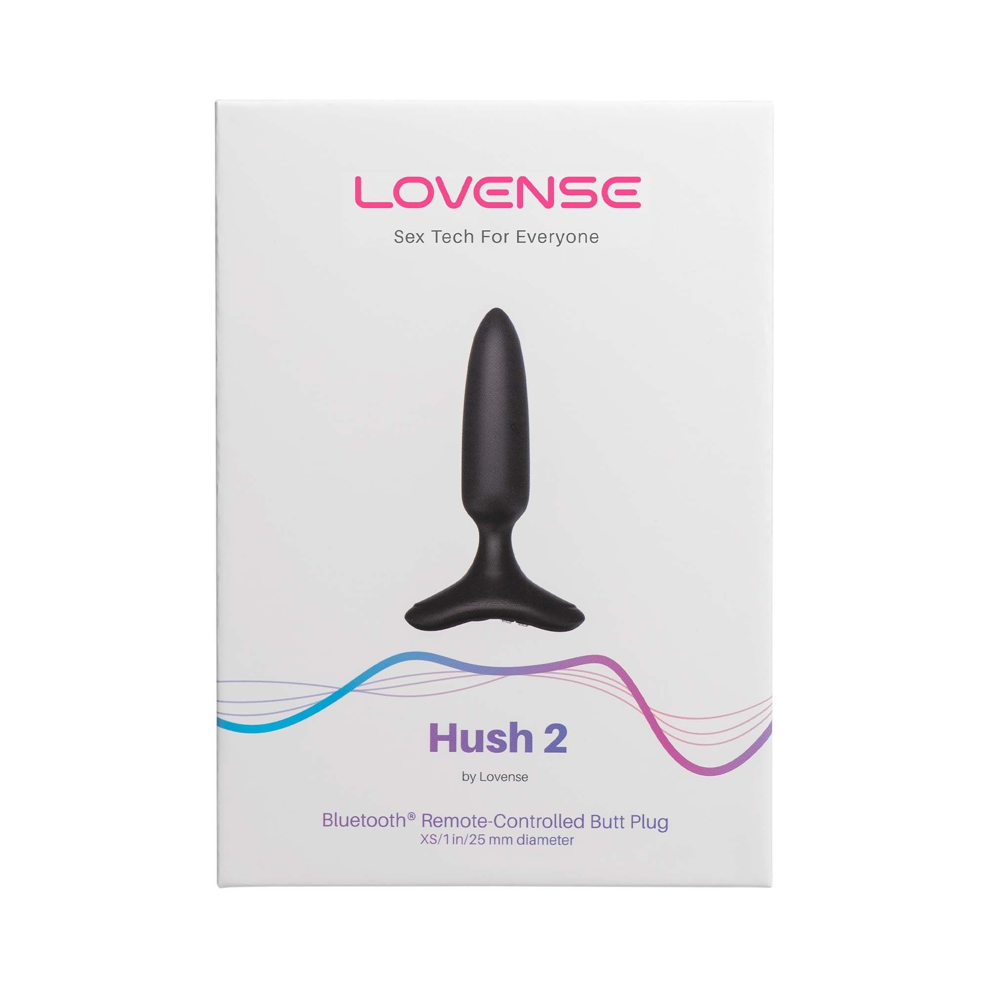 Białe pudełko z czarnym korkiem analnym. Tekst: Lovense, Hush 2, Bluetooth.