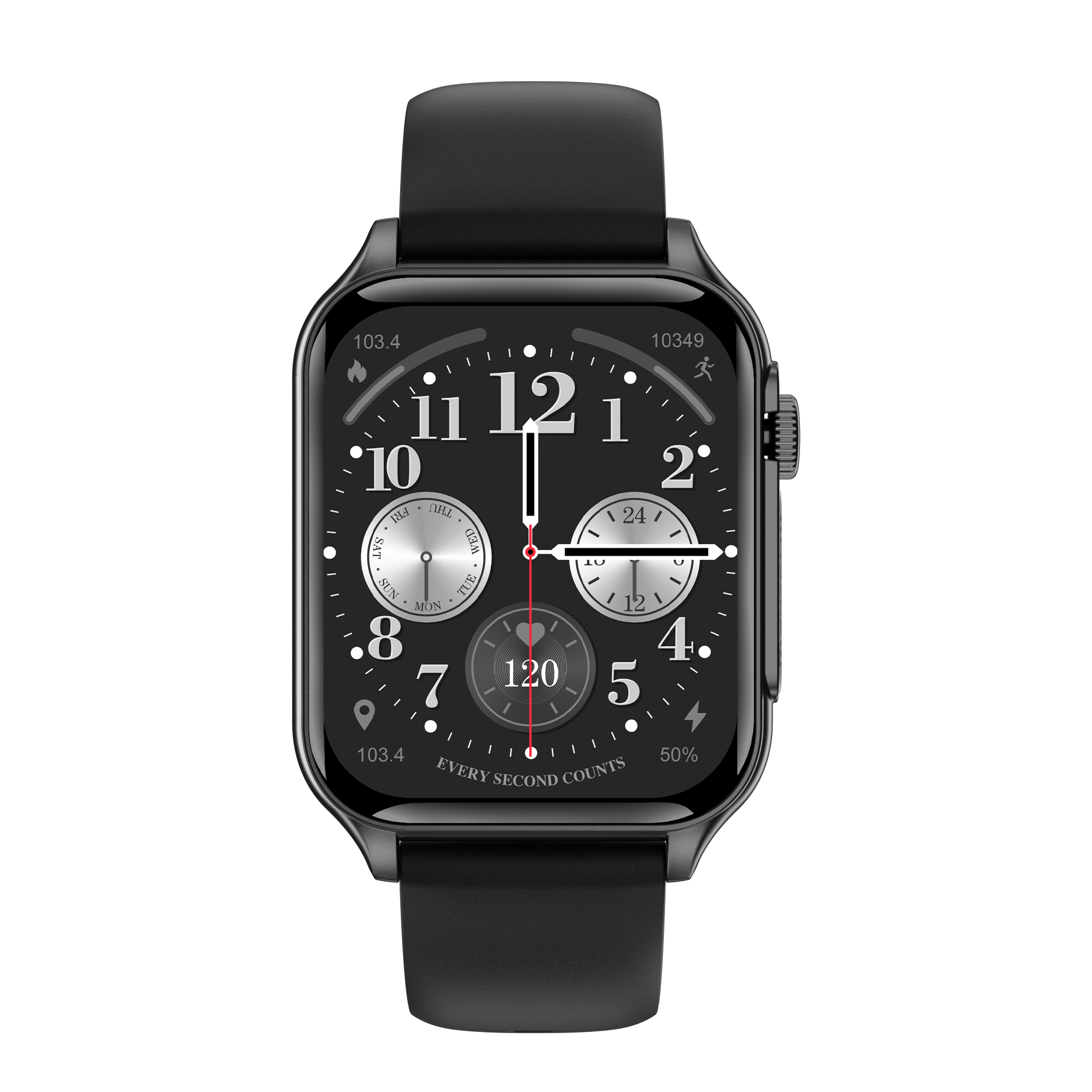 Schwarze Smartwatch, die die Uhrzeit, Herzfrequenz und andere Fitnessmetriken auf dem Bildschirm anzeigt.