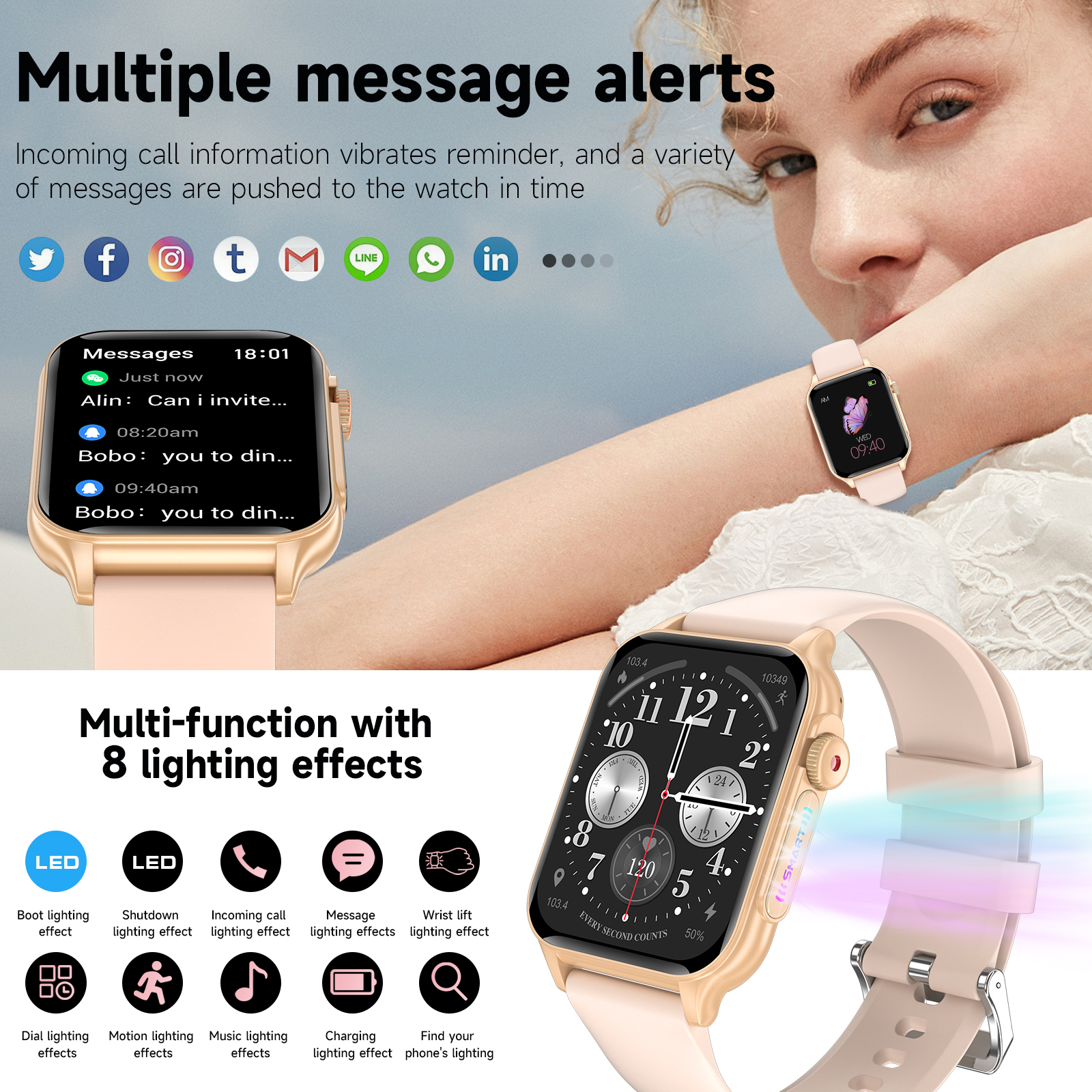 Frau mit Smartwatch, die Nachrichten anzeigt. Die Uhr hat ein pinkes Armband und ein goldfarbenes Gehäuse.