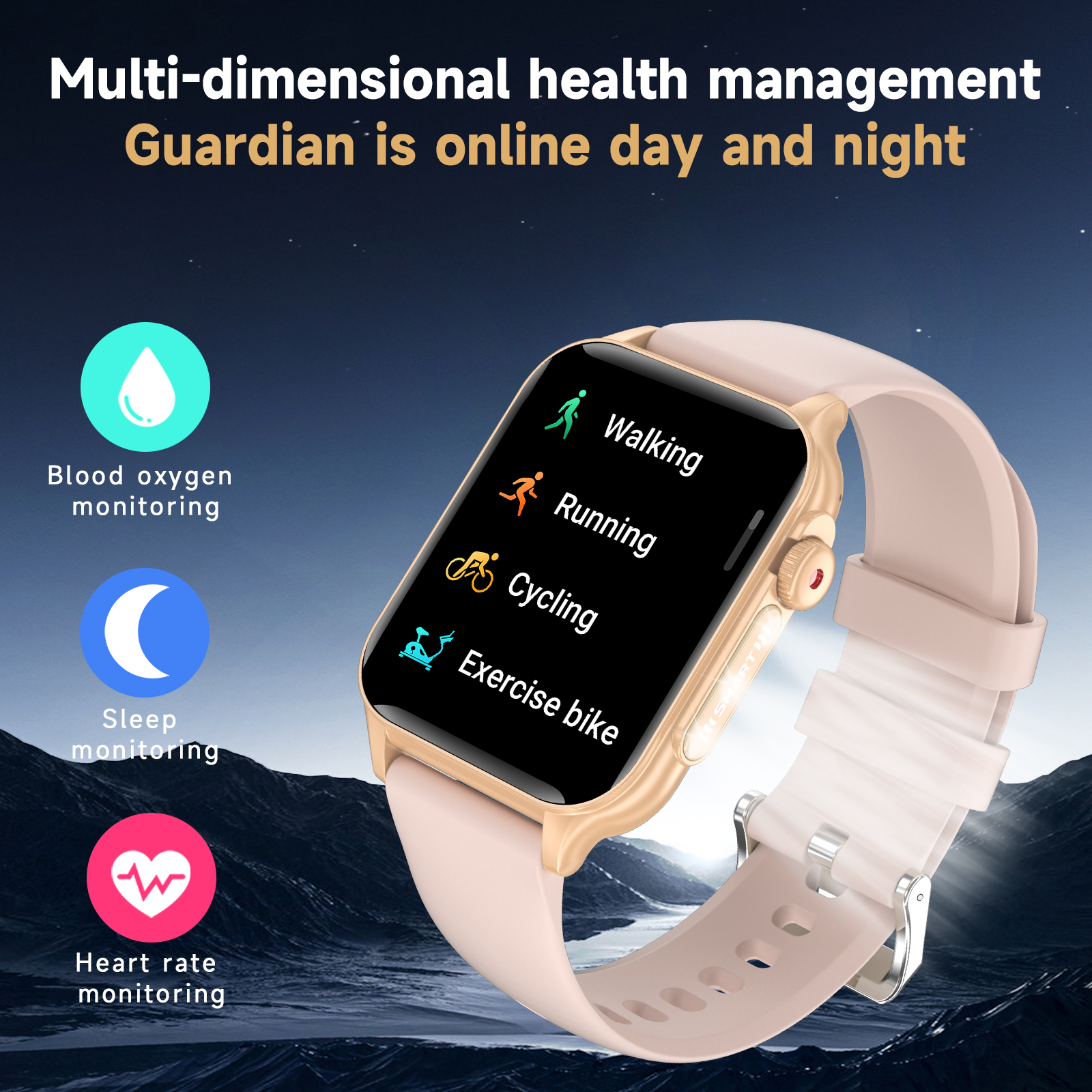 Smartwatch mit Gesundheitsmetriken. Enthält Blutsauerstoff-, Schlaf- und Herzfrequenzmessung.