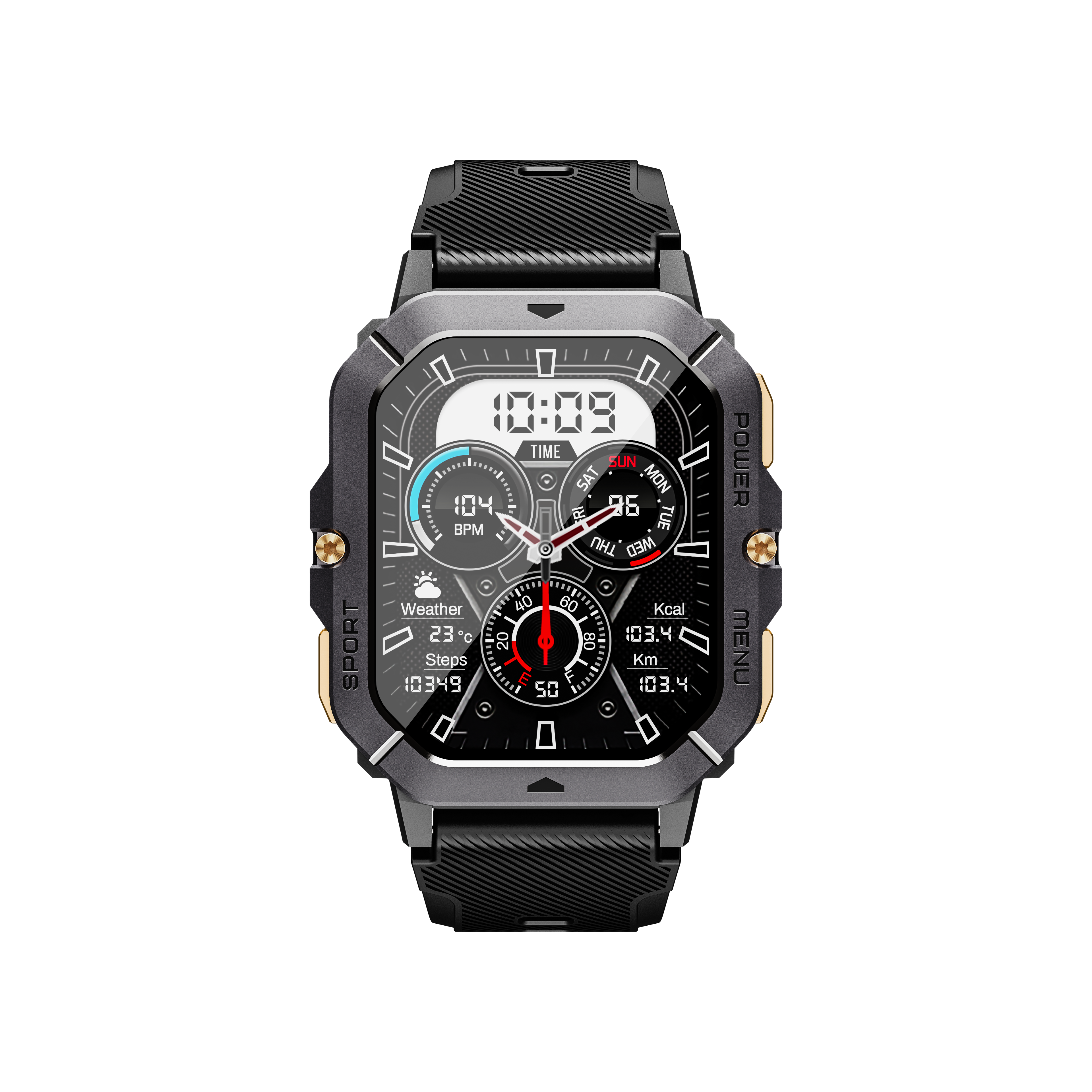 Eine Smartwatch mit schwarzem Armband, mit Digitalanzeige für Zeit, Gesundheitsdaten und Funktionen.