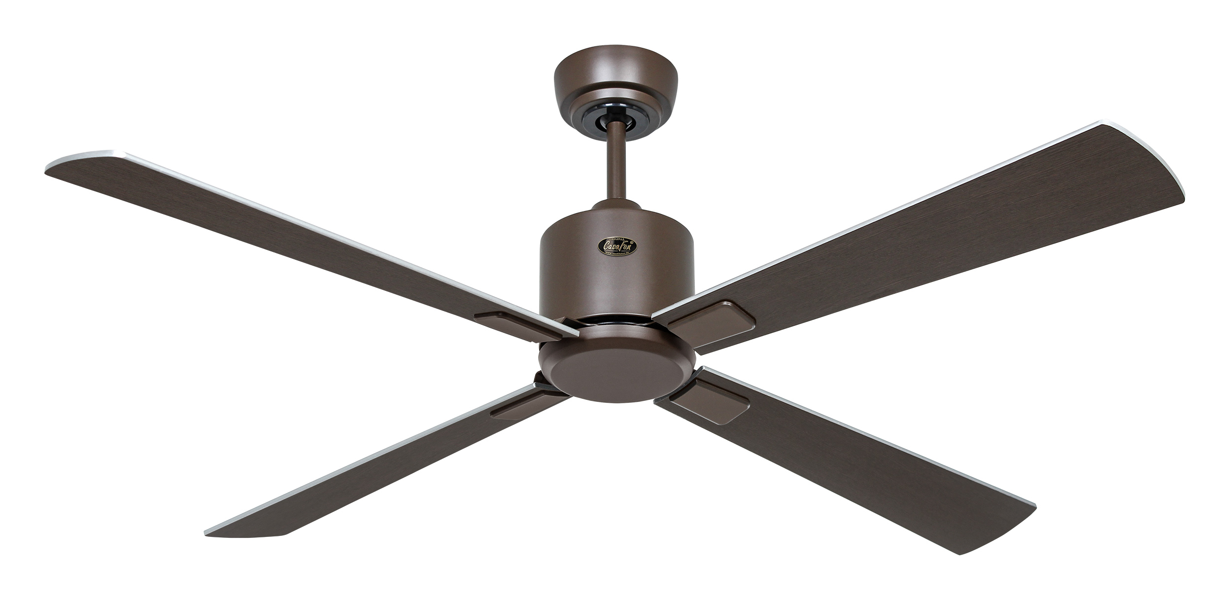 Ventilatore a soffitto con quattro pale marroni. Il motore e l'asta centrale sono marroni.