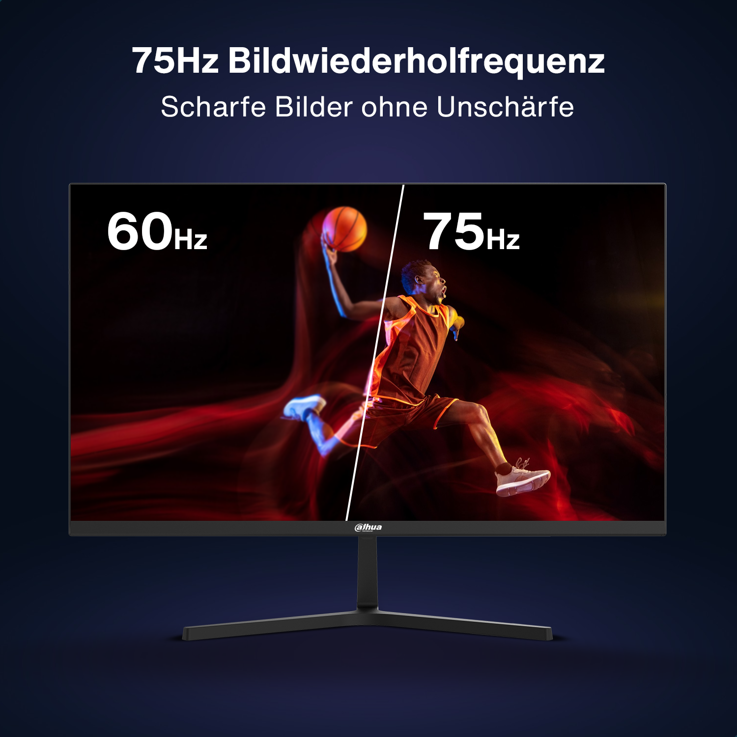 Moniteur d'ordinateur avec image de joueur de basket-ball. Le texte indique les fréquences de rafraîchissement de 60Hz et 75Hz.